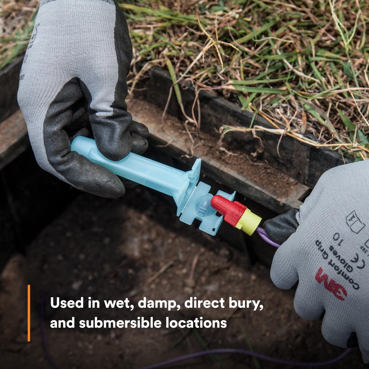 Direct Bury Splice Kit For UF Cable DBR Y6 18-10 AWG in use for underground cable connection with UV resistant insulation.