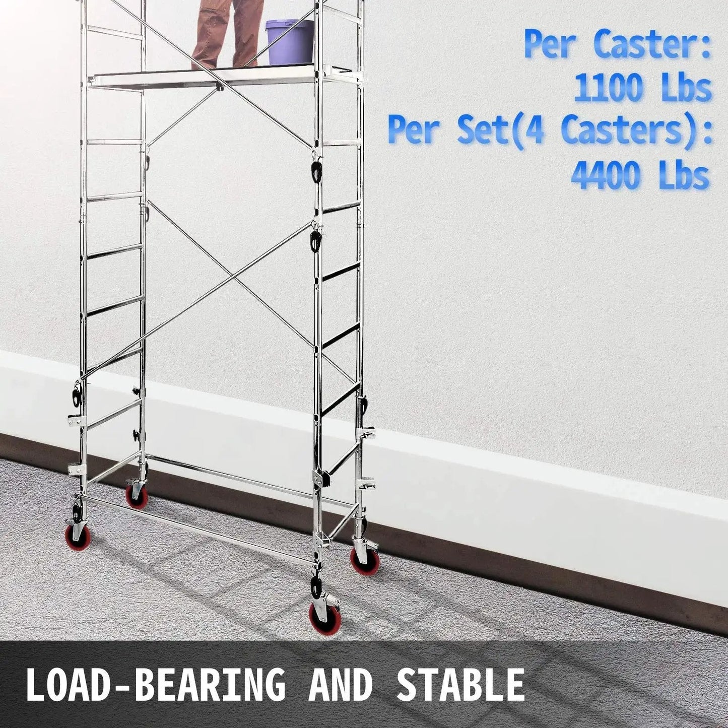 Heavy Duty 8 Inch Scaffolding Casters Set, 4 Pack With Locking Stem Brakes, Each Wheel 1100 Lbs Capacity, installed on scaffold