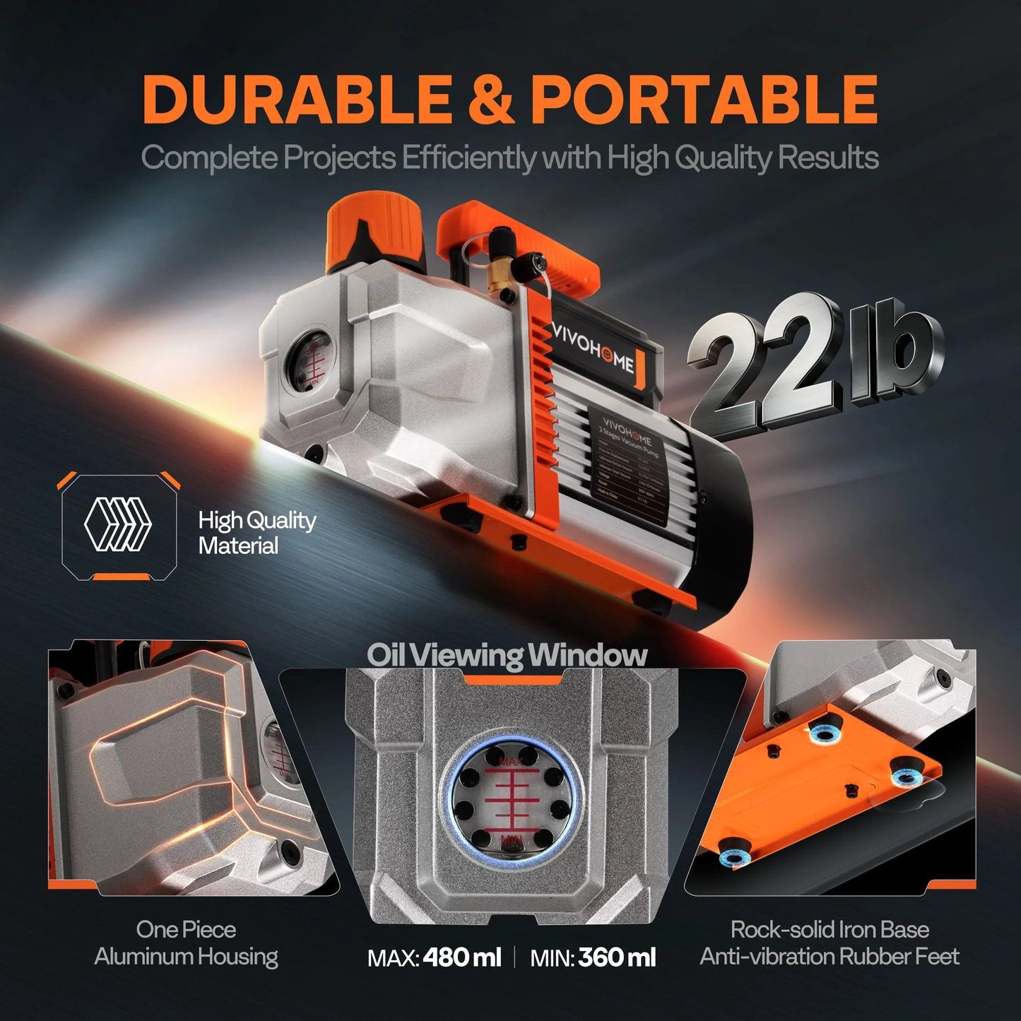 Pro Grade 3/4 HP Vacuum Pump Kit With 7.2 CFM Dual Stage Deep Vacuum, 22 lb weight, high-quality aluminum housing, oil window.