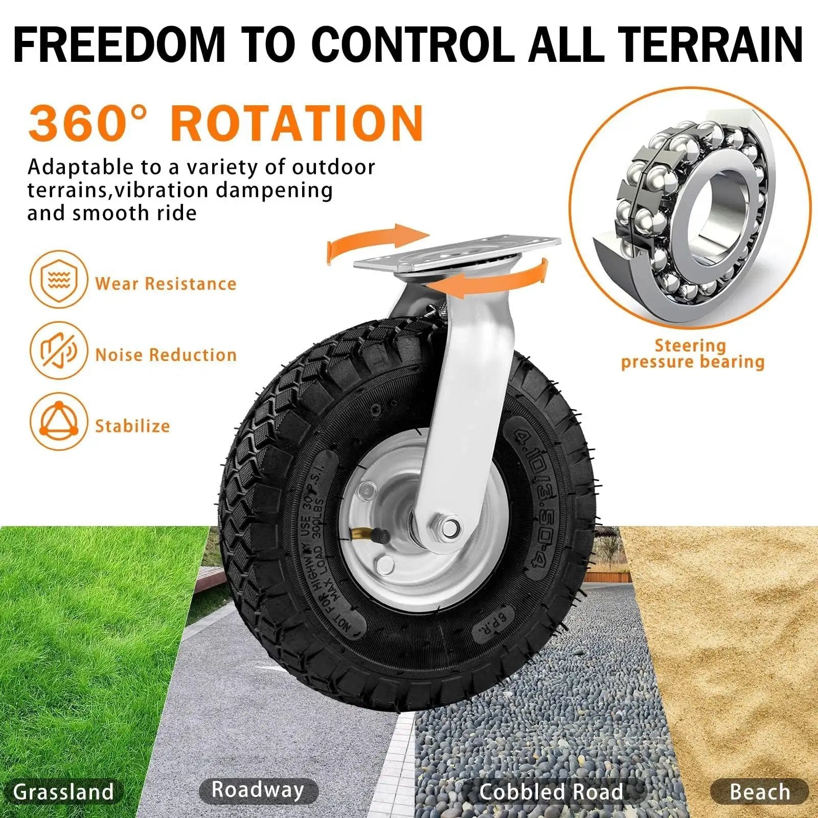 Heavy Duty Pneumatic Casters 10 Inch 4 Pack With 2 Swivel And 2 Rigids, 1200 Lbs Capacity, Rubber Wheel showing 360-degree rotation