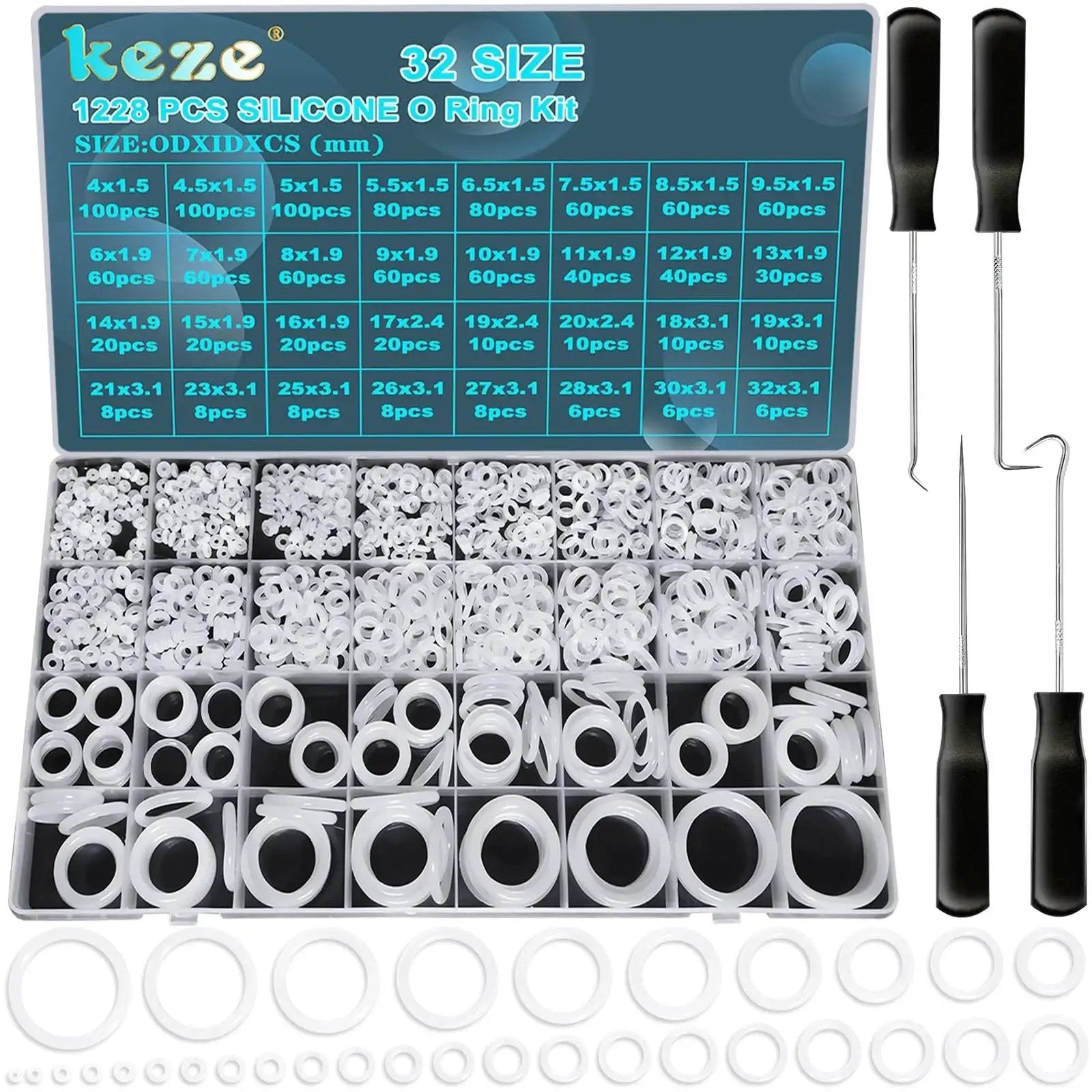 Silicone O Rings Kit 1228 Pcs 32 Sizes With Pick And Hook White Heat Resistant VMQ Seals OD 4 To 32mm For Pneumatic Systems