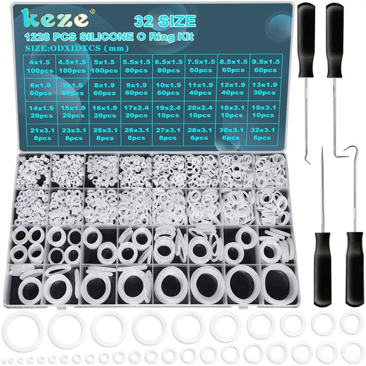 Silicone O Rings Kit 1228 Pcs 32 Sizes With Pick And Hook White Heat Resistant VMQ Seals OD 4 To 32mm For Pneumatic Systems