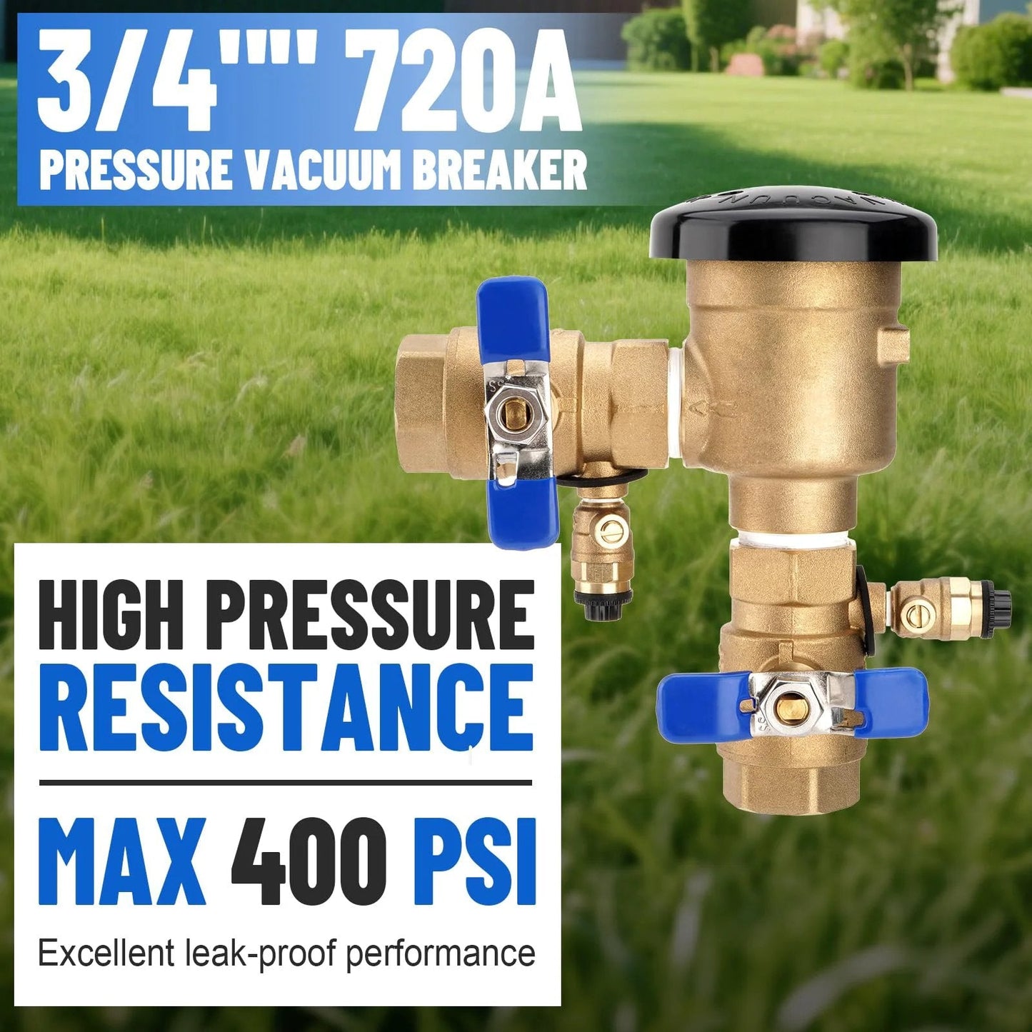 Go-To Three Quarters Inch Brass Pressure Vacuum Breaker Assembly 720A Backflow Preventer for lawn irrigation and garden watering