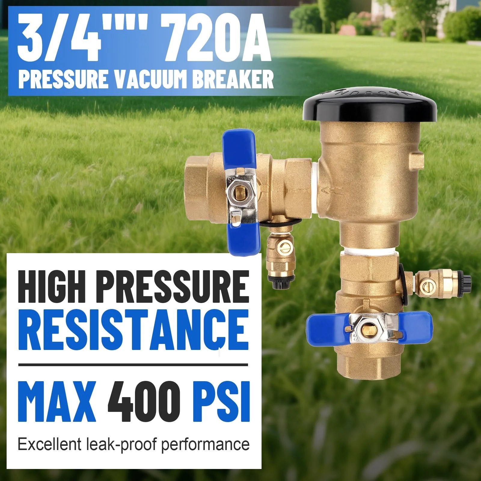 Go-To Three Quarters Inch Brass Pressure Vacuum Breaker Assembly 720A Backflow Preventer for lawn irrigation and garden watering
