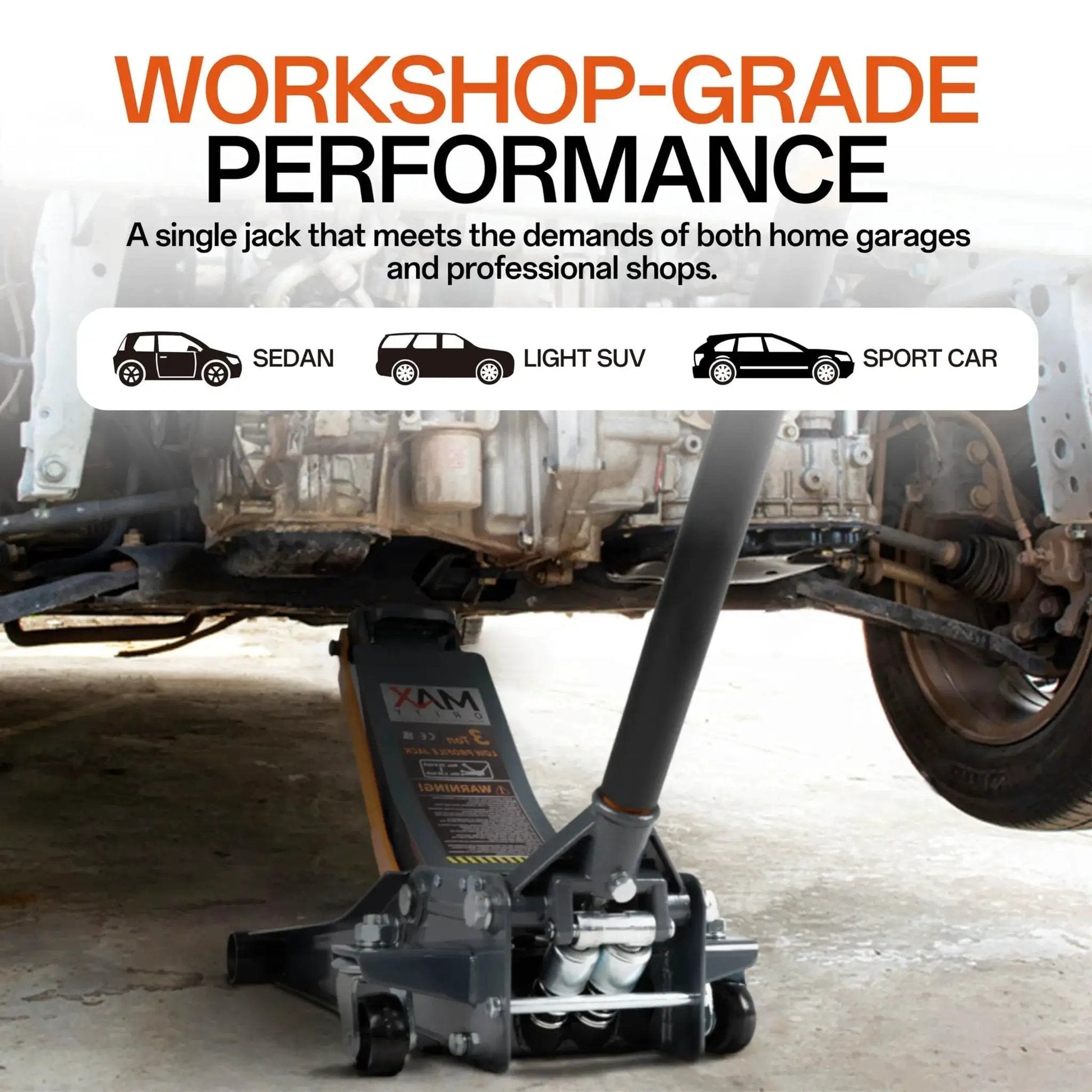 Low Profile 3 Ton Hydraulic Floor Jack With Dual Pistons And Quick Lift used to raise vehicle in garage setting