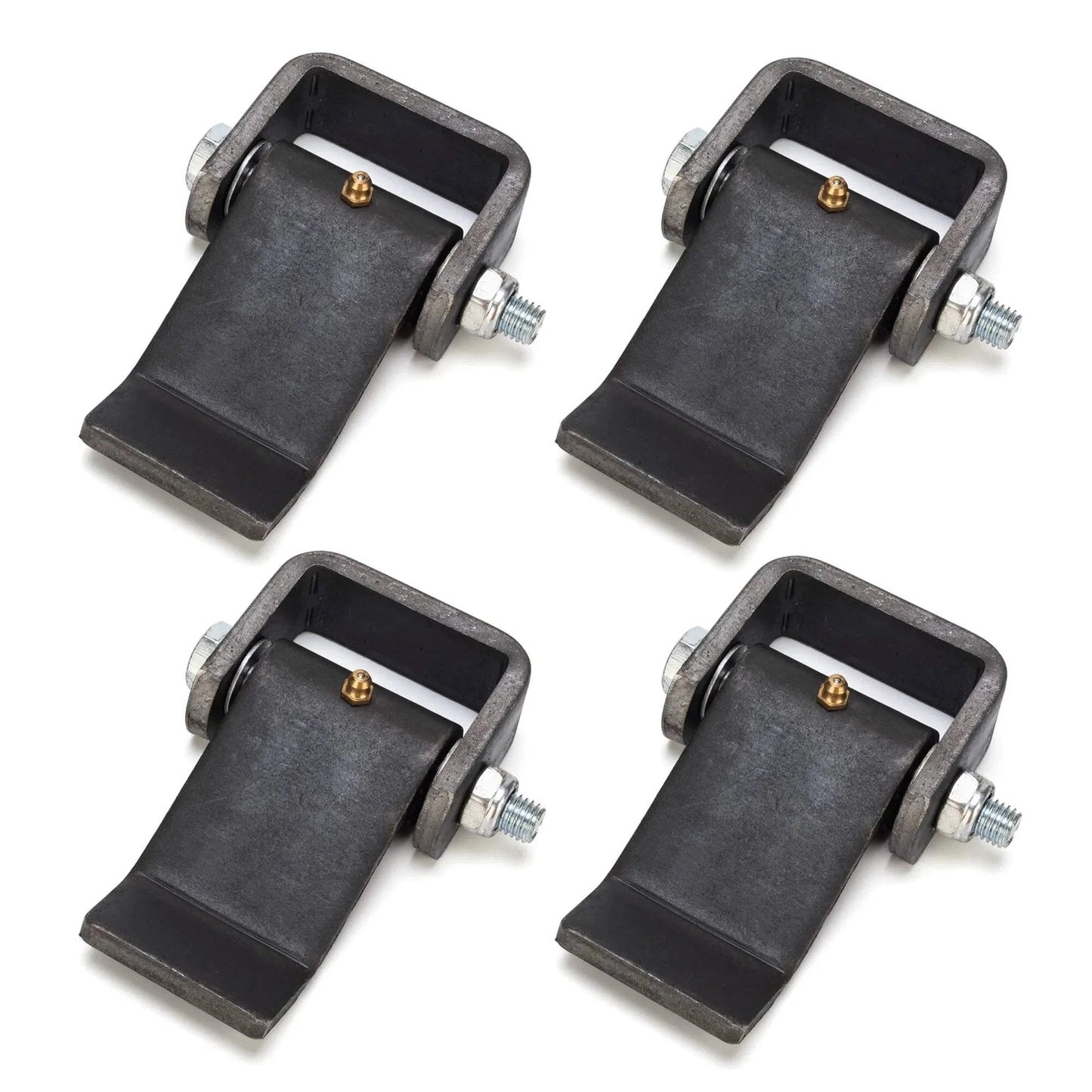 Heavy Duty Weld On Dump Trailer Hinge Set With Zerk Grease Fitting, strap door hinges shown in raw finish, 4 pack