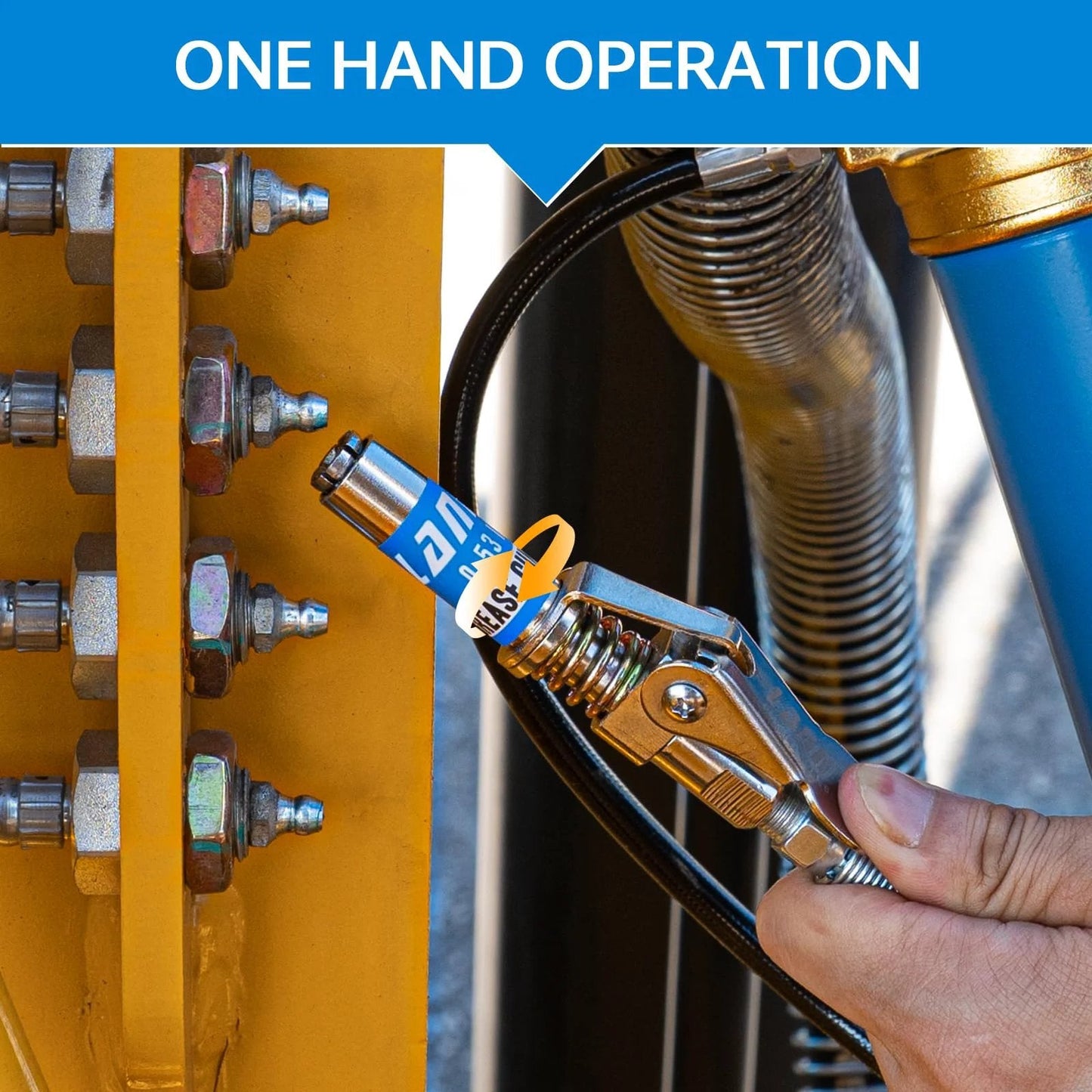 Compact 0.53 Inch Grease Gun Coupler with Locking Quick Release No Leakage Up to 12000 PSI One Eighth NPT Fitting in use