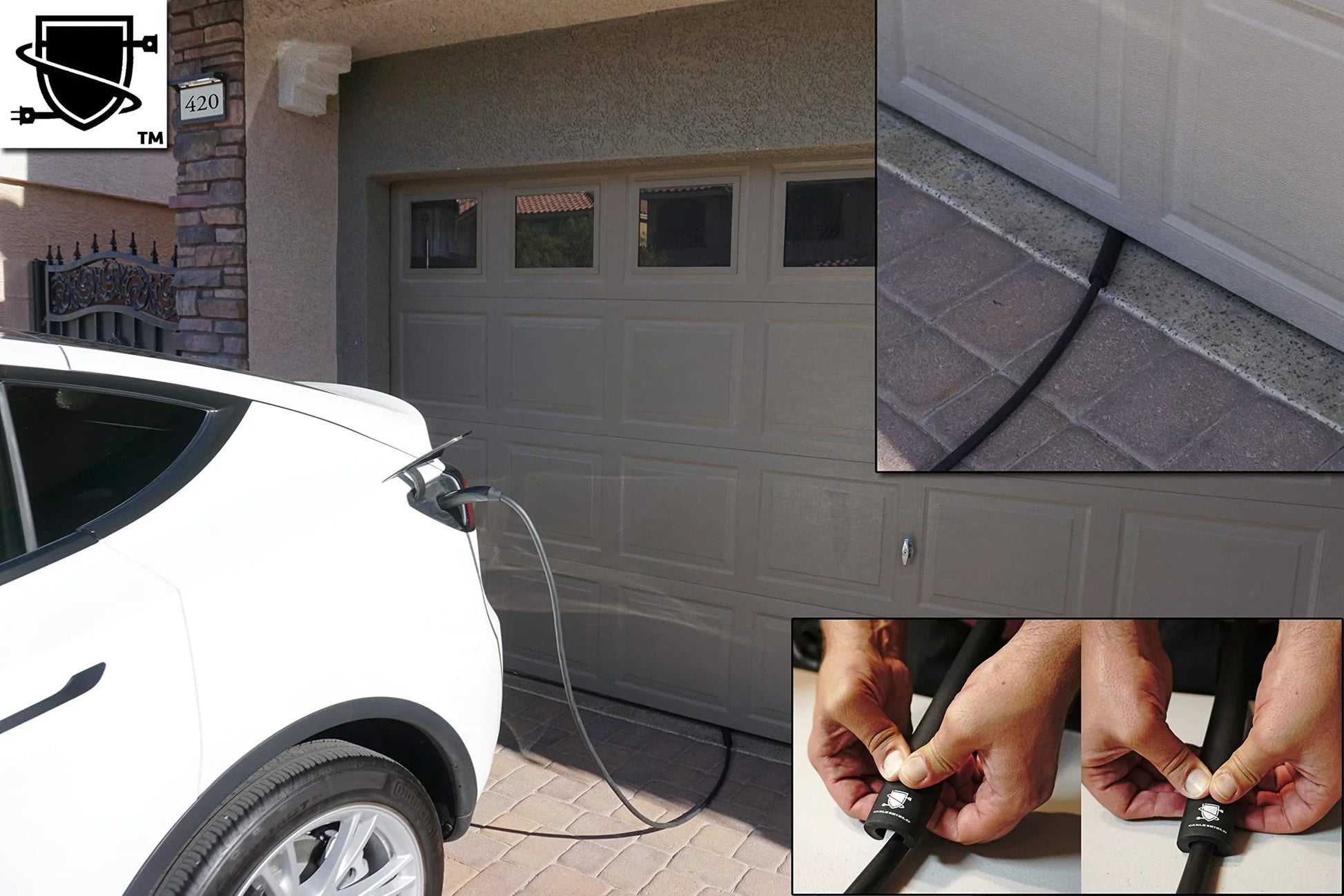 Durable EV Cable Protector For Garage Pass Through 0.5 Inch ID Large, Tool-Free Install holding Tesla cable under garage door