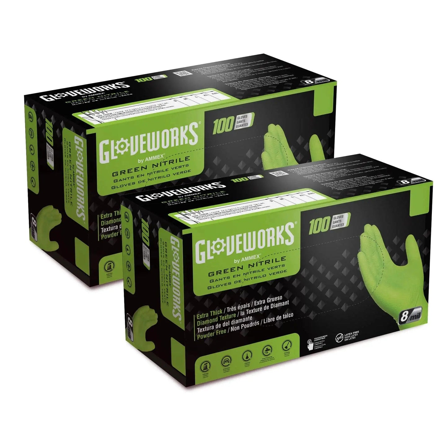 Boxes of Green Nitrile Mechanic Gloves 8 Mil Heavy Duty Raised Diamond Grip Latex Free on display