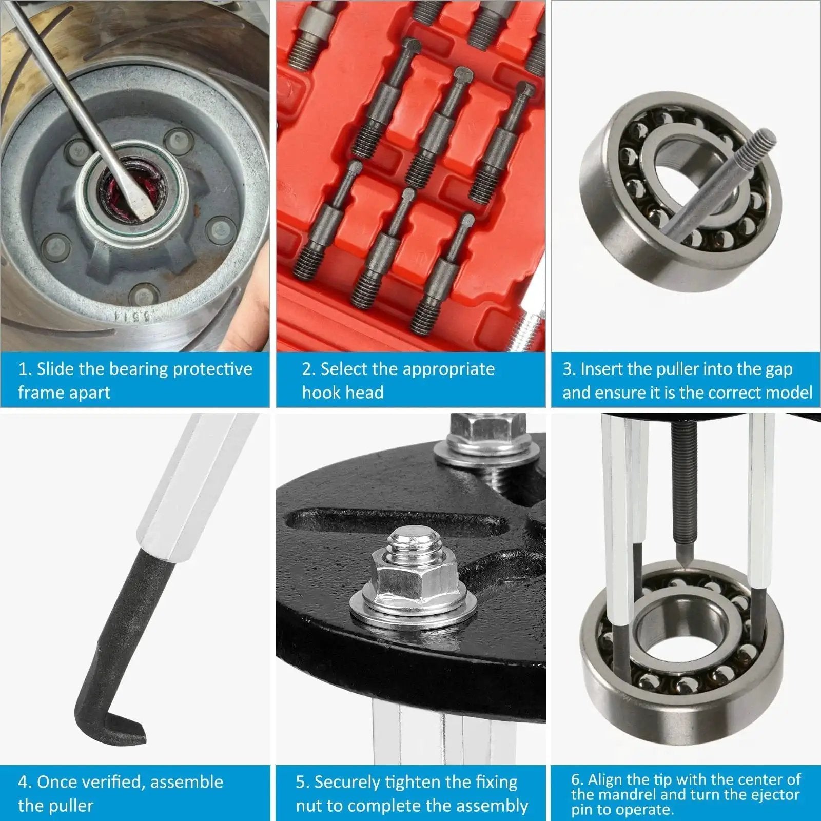 Steps showing the 21 In 1 Bearing Puller Set for quick bearing disassembly and removal, featuring red steel extractors and hooks.