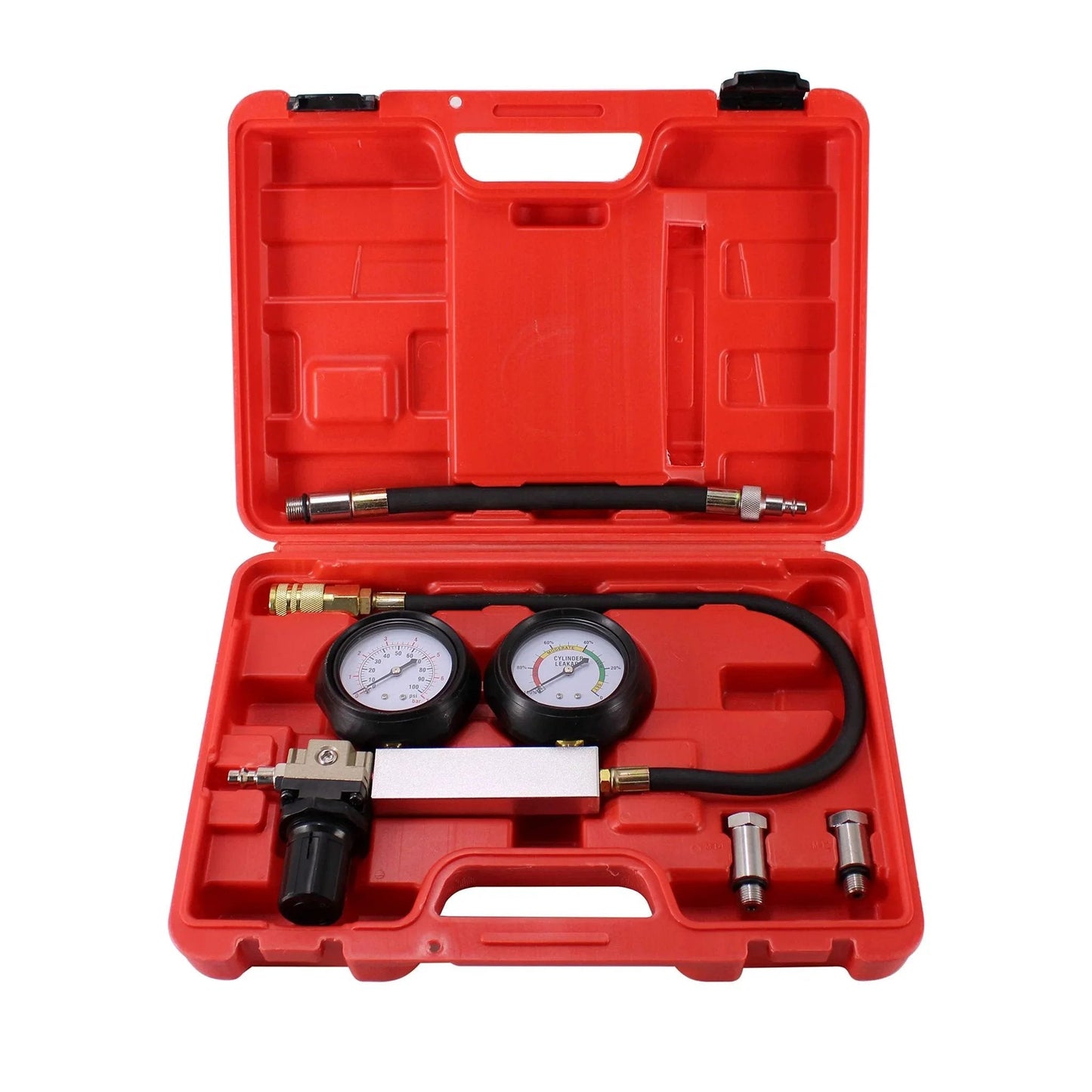 Cylinder Leak Detector Kit For Engine Compression Diagnosis And Cylinder Leakage Testing With 480mm Hose 12mm And 14mm Spark Plug Adapters 0 To 100 PSI Gauge Air Regulator Carrying Case HFS in red case, open view