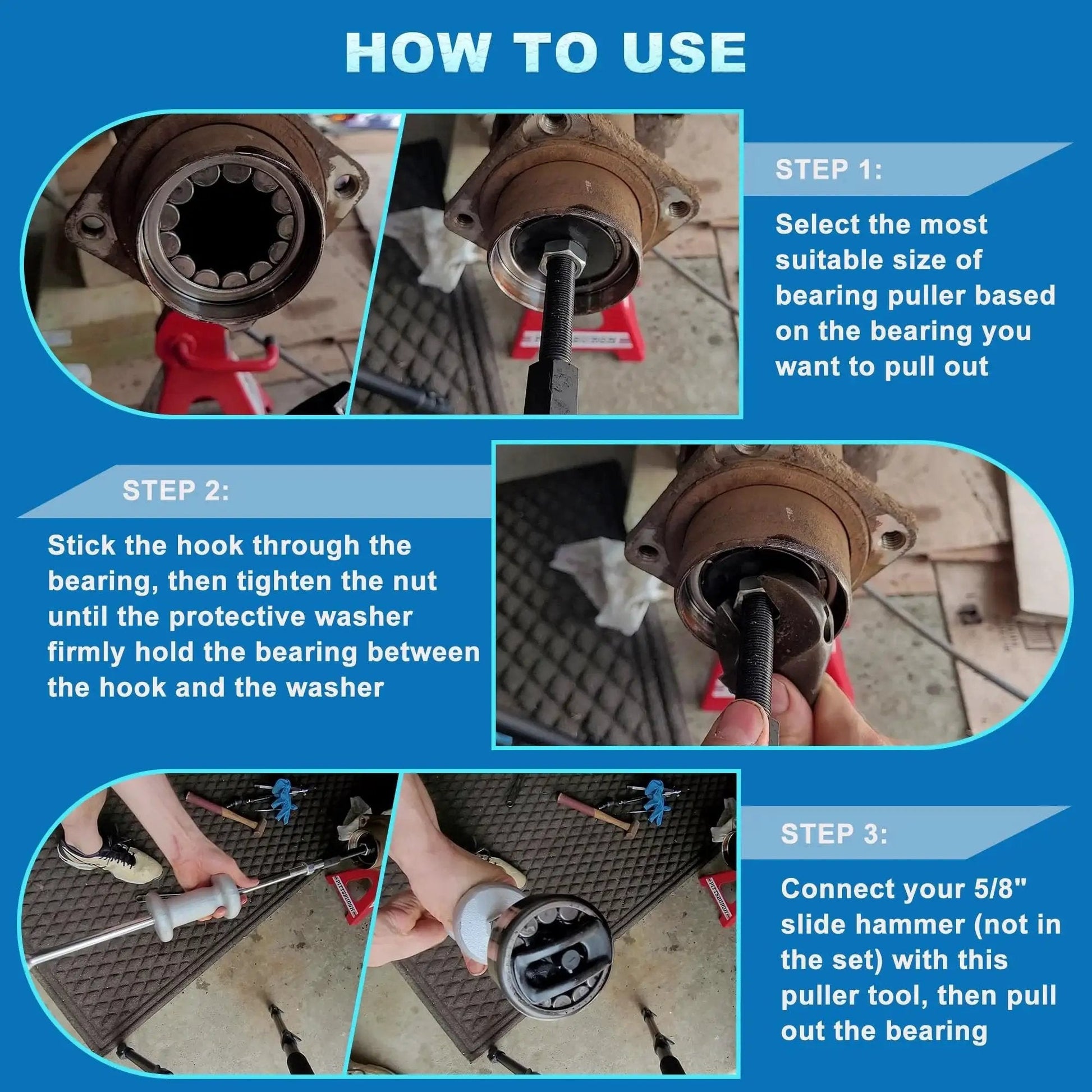 Step-by-step guide using Rear Axle Bearing Puller Tool Set, 3-Piece Bearing Extractor Kit With Slide Hammer for bearing removal.