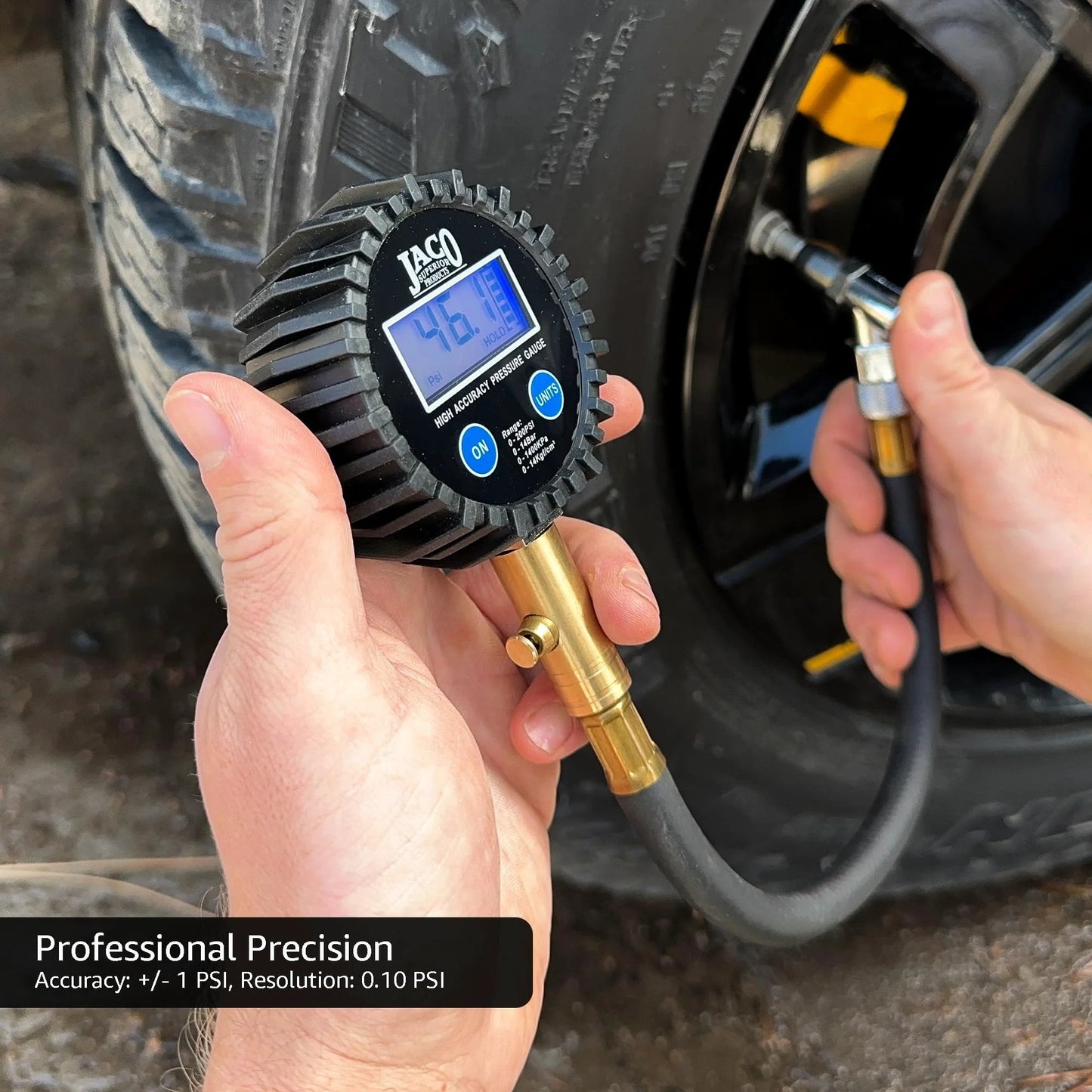 Close-up of ElitePro Digital Tire Pressure Gauge delivering pro accuracy with dual sensors and liquid crystal display.