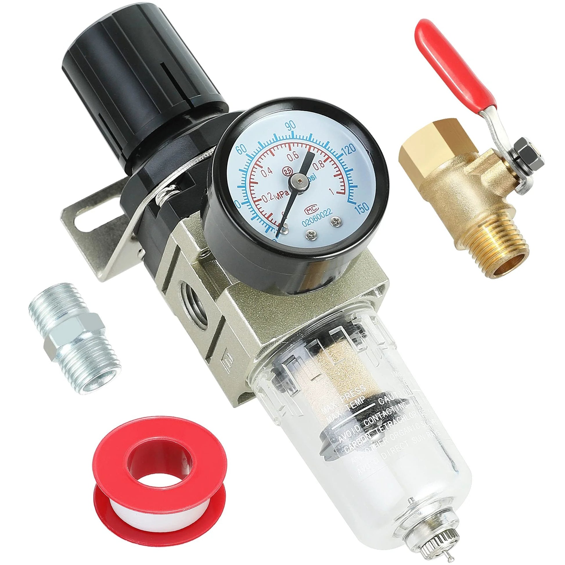 Quarter Inch All In One Air Compressor Filter Regulator Combo With Brass Filter Element Water Oil Separator And Pressure Gauge Manual Drain Ball Valve Bracket AW2000 02 Pro Grade with accessories.
