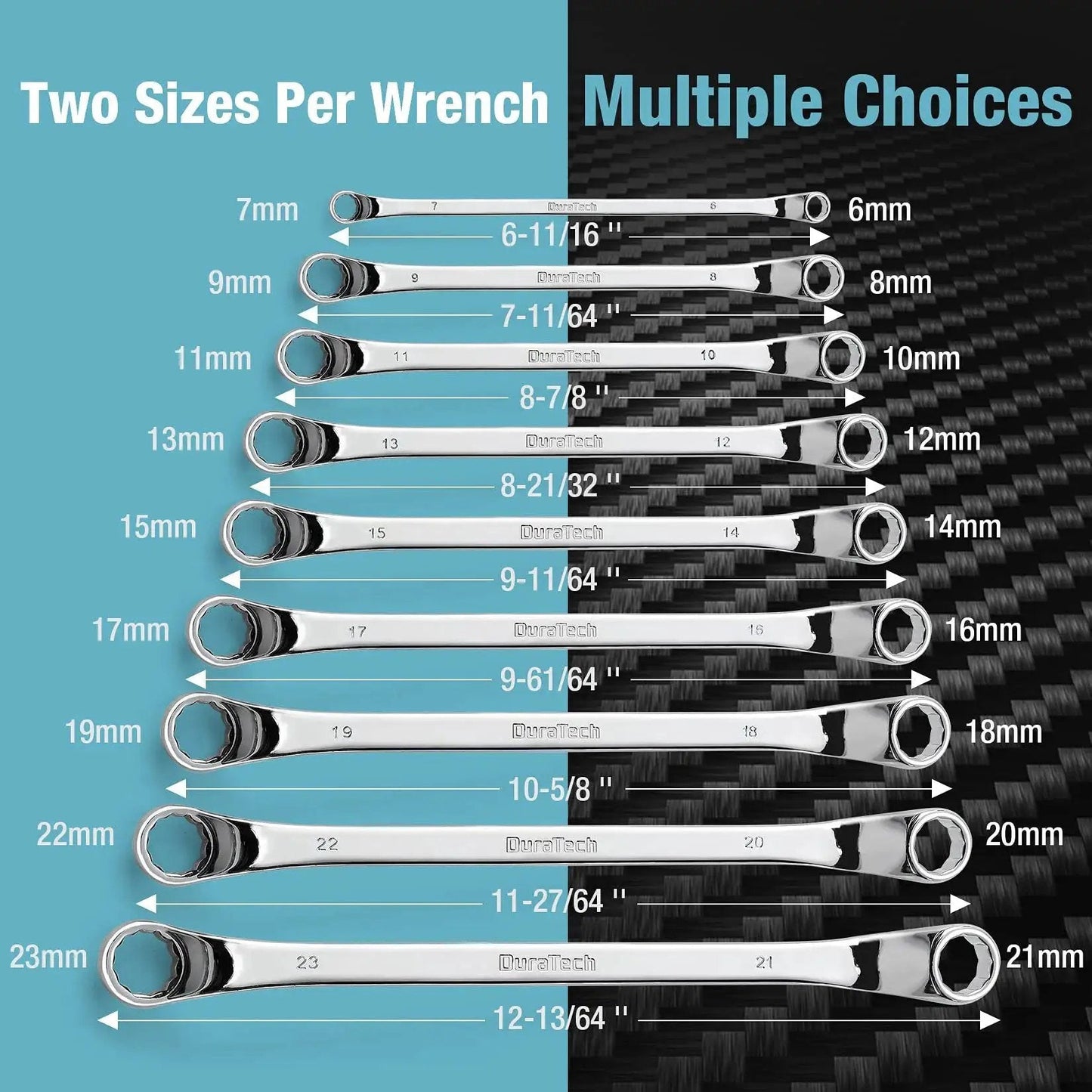 Offset Box Wrench Set Metric 9 Piece 6 To 23 Mm 75 Degree Offset Handles Double 12 Point Box Ends CRV displayed in size order
