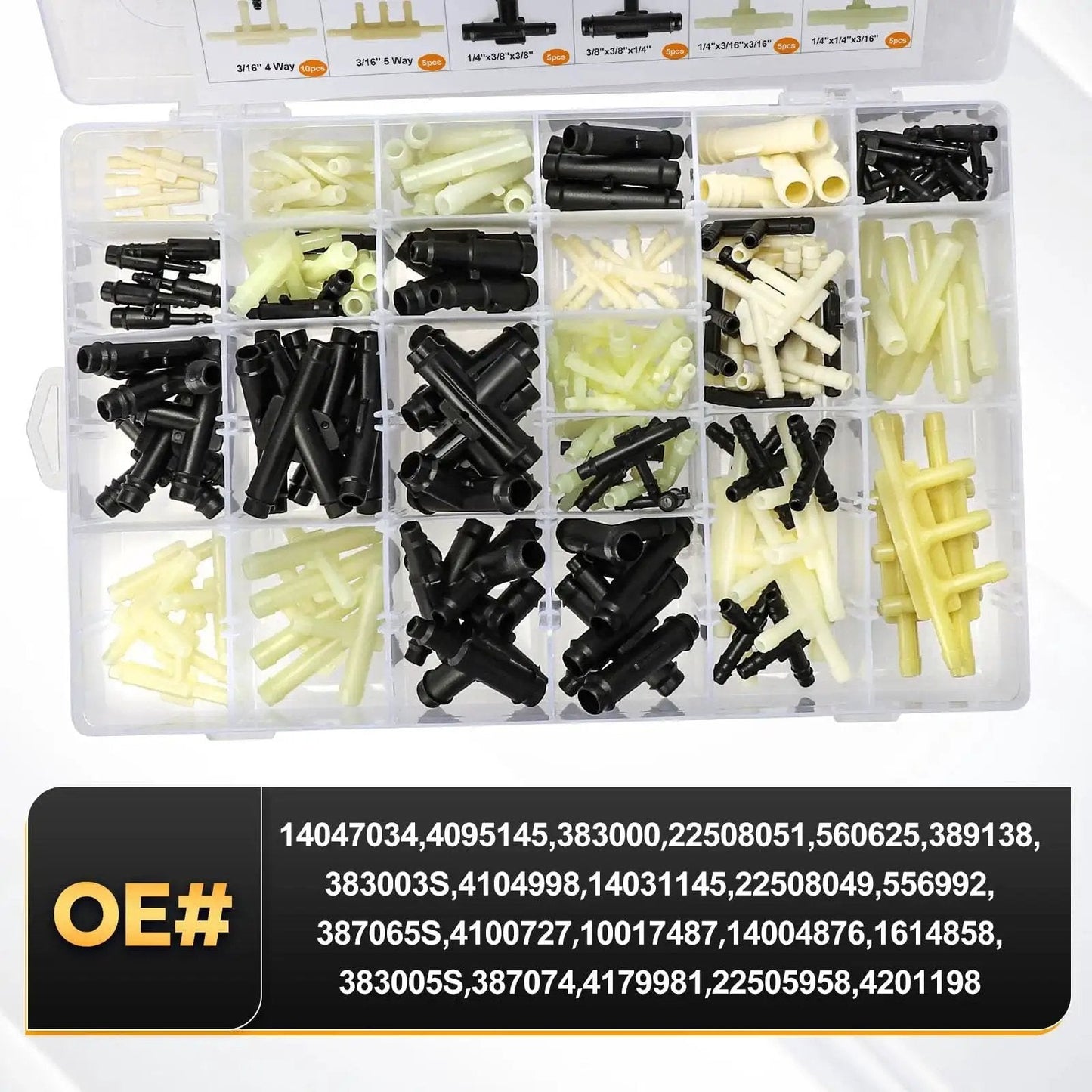 159-piece Automotive Vacuum Tubing Connector Kit with nylon fittings, including straight, tee, reducer, four-way, and five-way connectors.