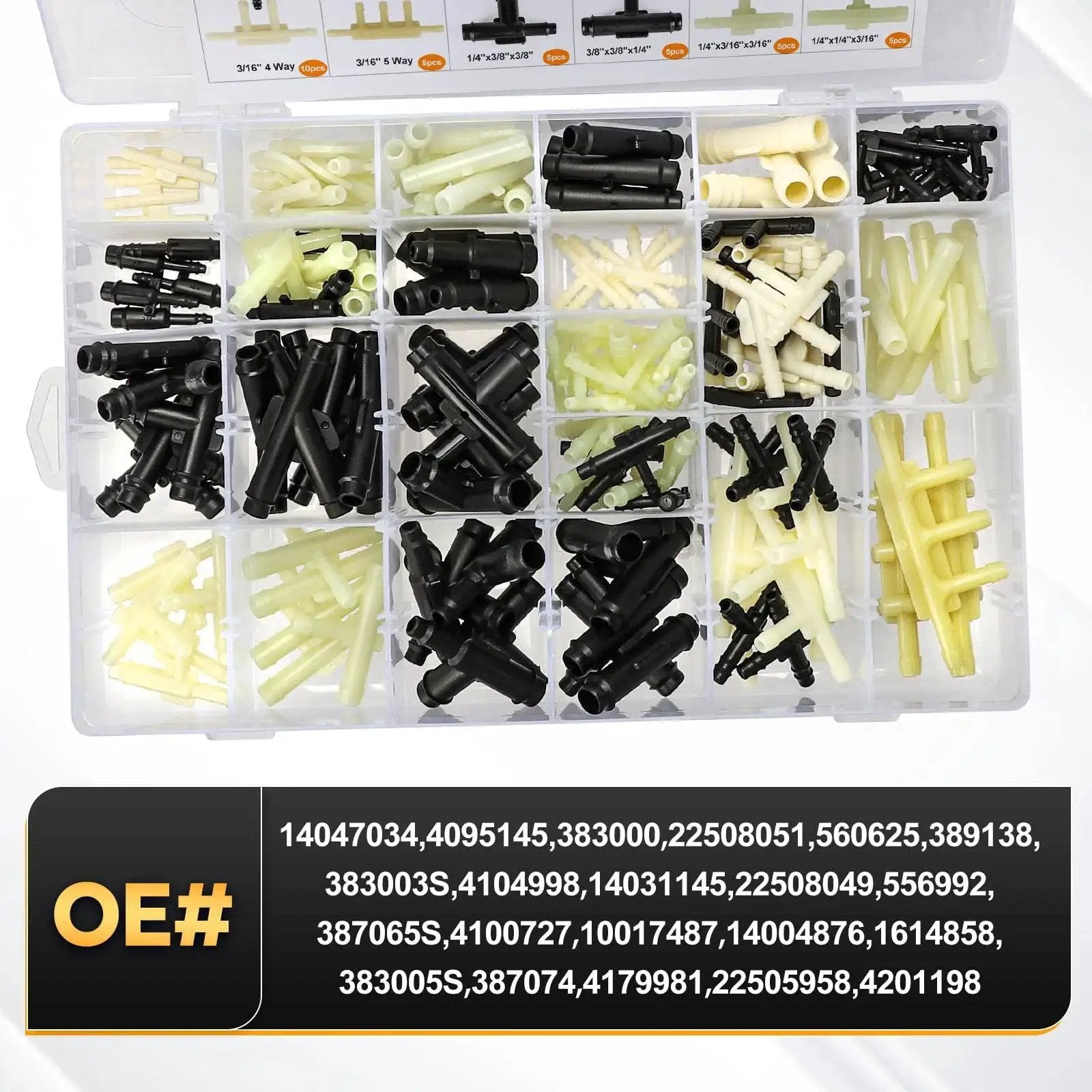 159-piece Automotive Vacuum Tubing Connector Kit with nylon fittings, including straight, tee, reducer, four-way, and five-way connectors.