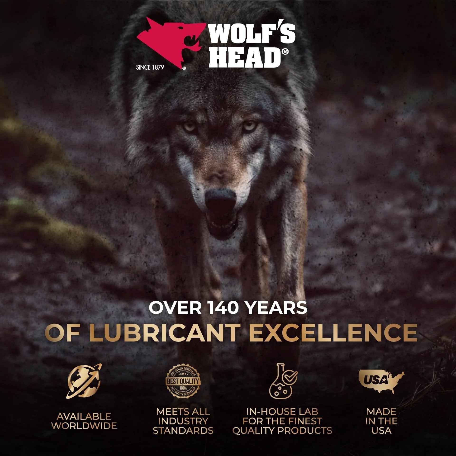 Wolf's Head official logo with a wolf graphic and text highlighting over 140 years of lubrication excellence and product quality features.