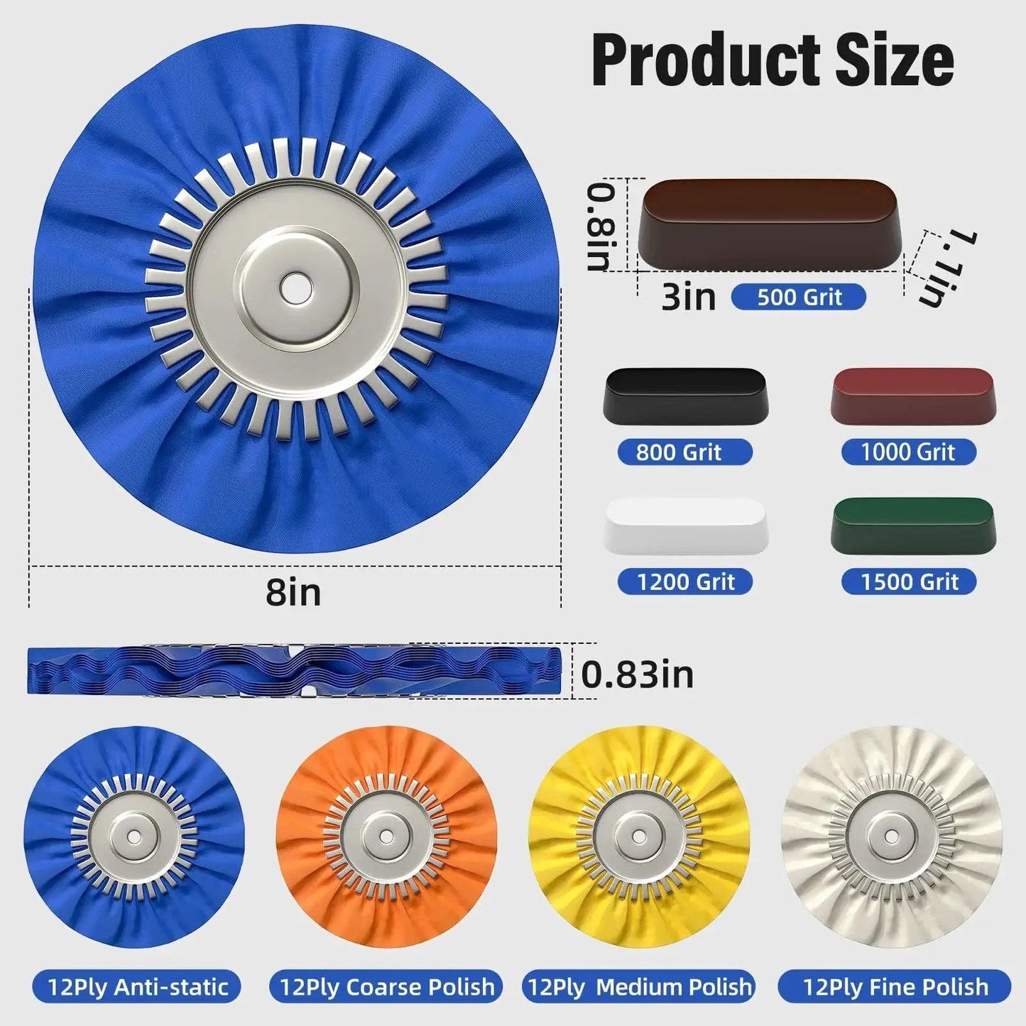 Image displaying Pro Grade 8 Inch Buffing Wheel Polishing Kit For Four Point Five Inch Angle Grinder With Nine Pieces Includes Four Wheels And Five Aluminum Compound Bars Five Eighth Inch Arbor Car Metal And Paint Finishing For A Mirror Finish, showing blue, white, yellow, orange wheels and bars in assorted grits.