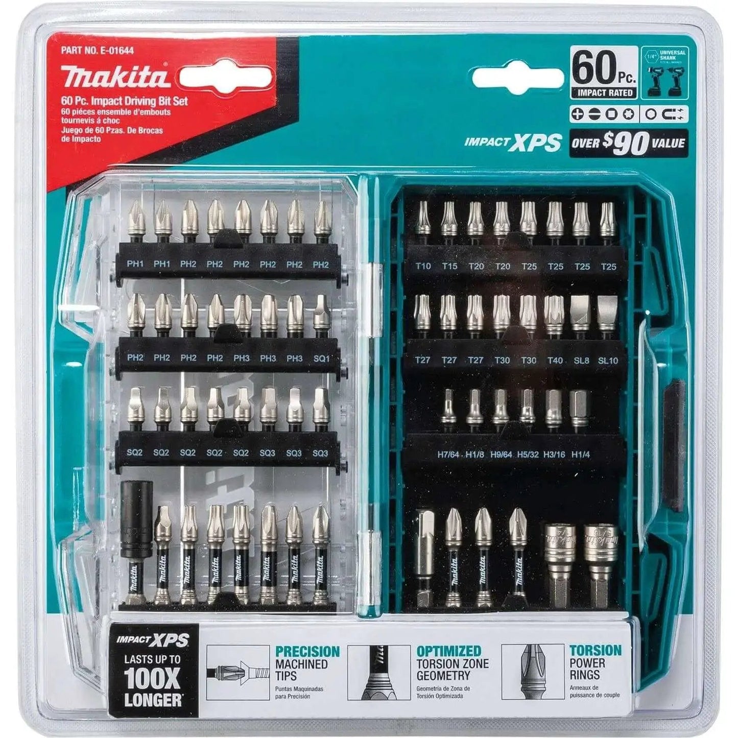 Impact XPS 60 Piece Bit Set For High Torque Impact Drivers With Pro Grade Bits Precision Machined Tips Torque Absorbing Shoulder Rings Optimized Torsion Zone And Bits That Last 100x Longer For Tough Jobs Makita in retail packaging
