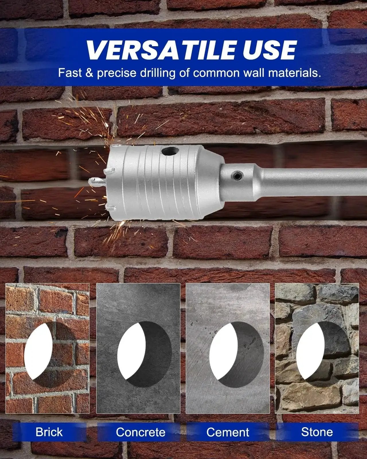 Concrete Hole Saw Kit With 30 40 50mm Drill Bits for SDS Plus shank drilling clean holes in brick, concrete, cement, and stone.