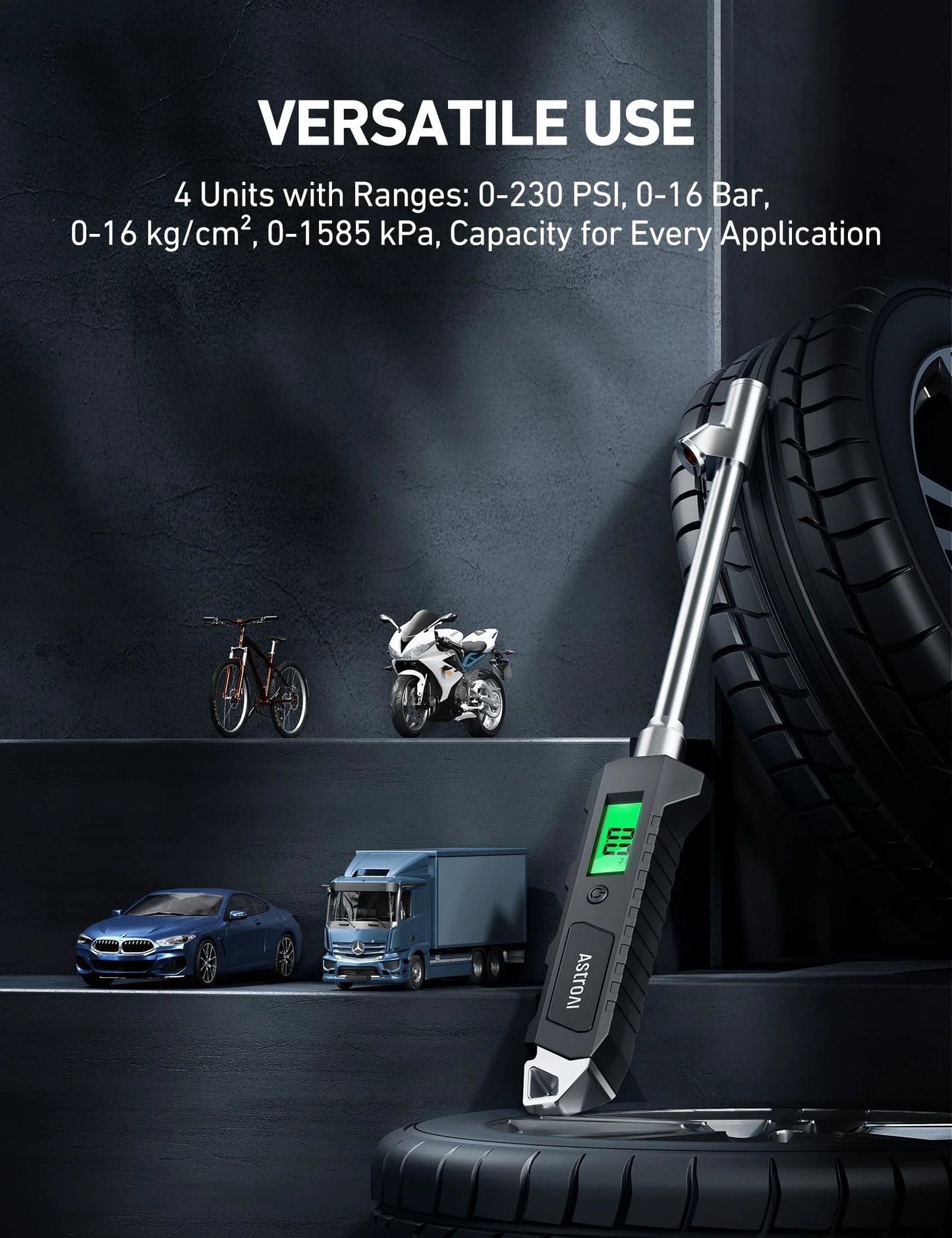 Heavy Duty Digital Tire Pressure Gauge with Backlit LCD and Built In Flashlight, 0-230 PSI, ANSI B40.7 Grade 2A Calibrated, AstroAI