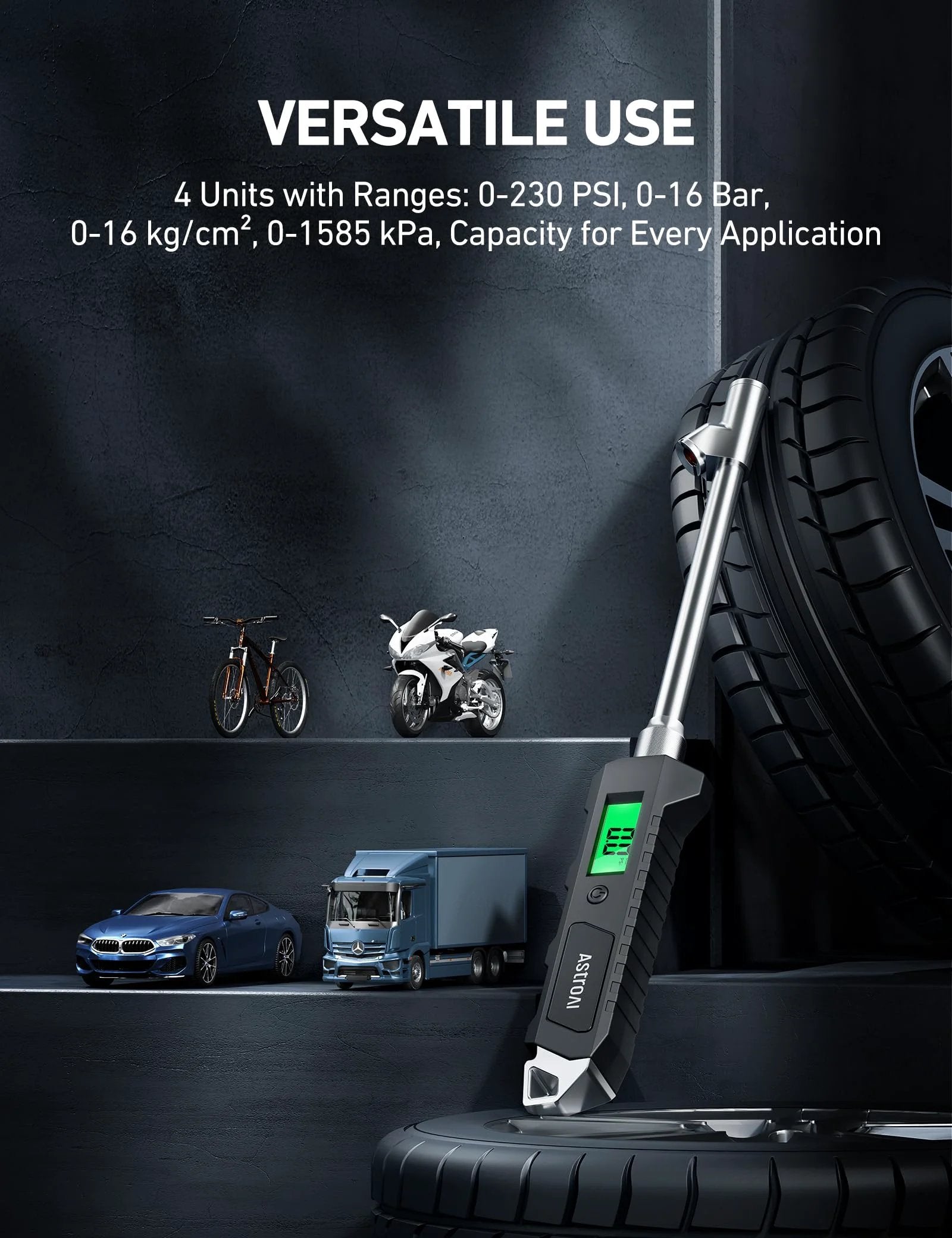 Heavy Duty Digital Tire Pressure Gauge with Backlit LCD and Built In Flashlight, 0-230 PSI, ANSI B40.7 Grade 2A Calibrated, AstroAI