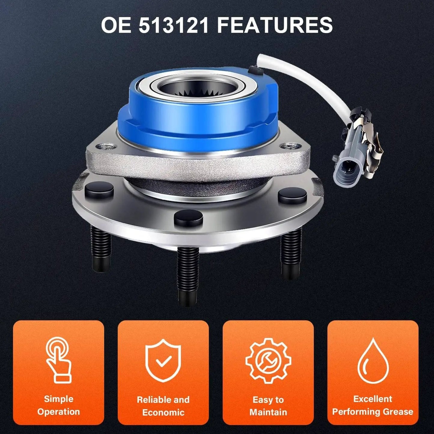 Front Wheel Hub Bearing Assembly 513121 with ABS, 5-lug for Buick, Chevrolet, Cadillac, Oldsmobile, Pontiac - features view