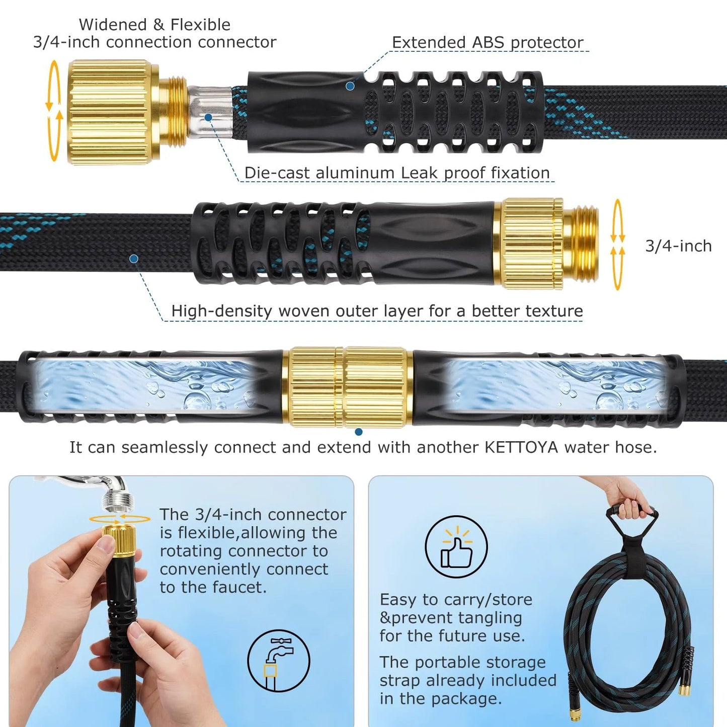 Non Expanding Garden Hose 100 Ft With Kink Resistant Flex, Lightweight Water Hose, 3/4 Inch Swivel Connectors, KETTOYA