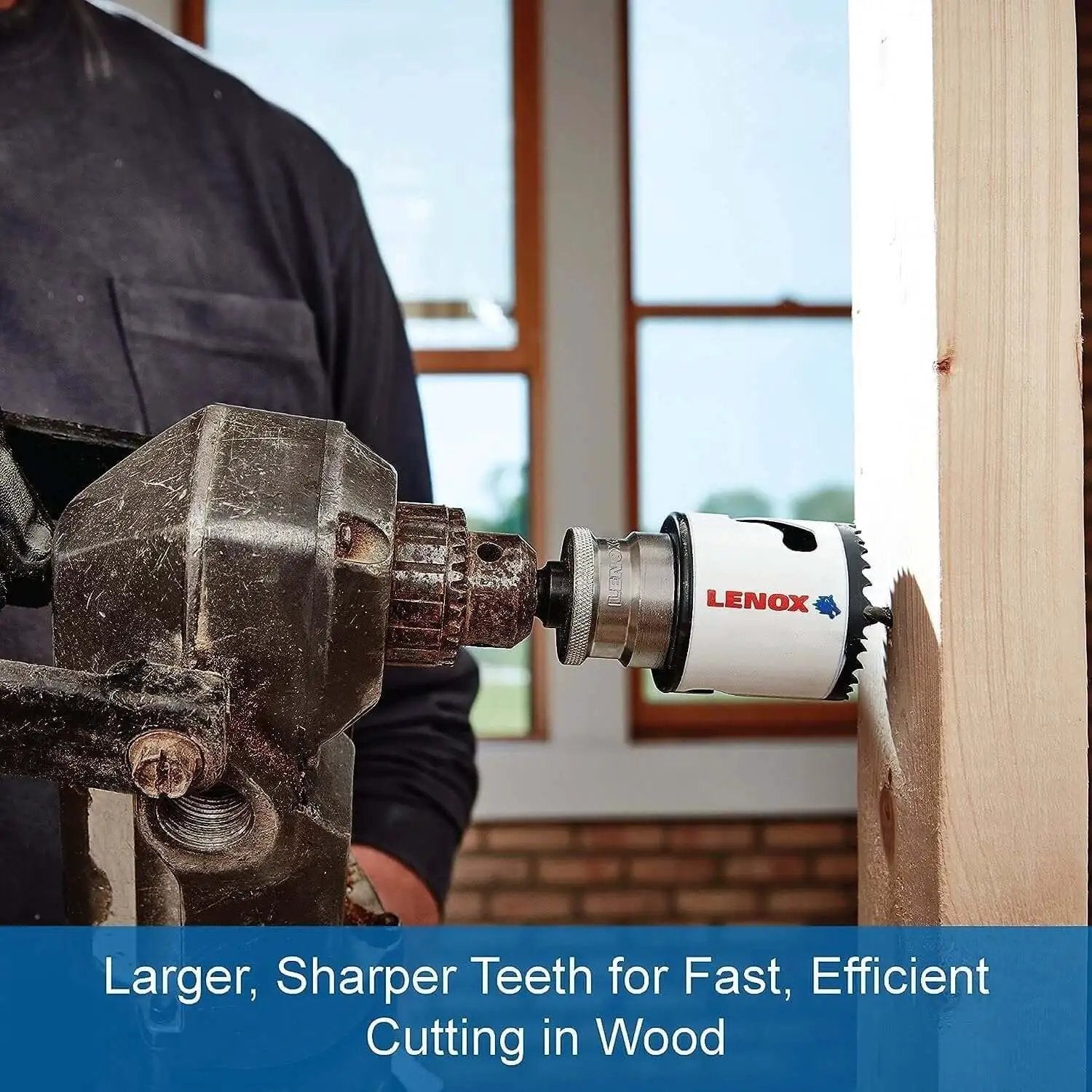 Heavy Duty Bi Metal Hole Saw With T3 Technology And Speed Slot Arbor Diameter Three And One Eighth Inch For Metal Cutting With Two Times Life Thicker Wall Optimized Teeth For Faster Cuts And Easy Plug Ejection With Staircase Design Lenox Tools in use on wood surface