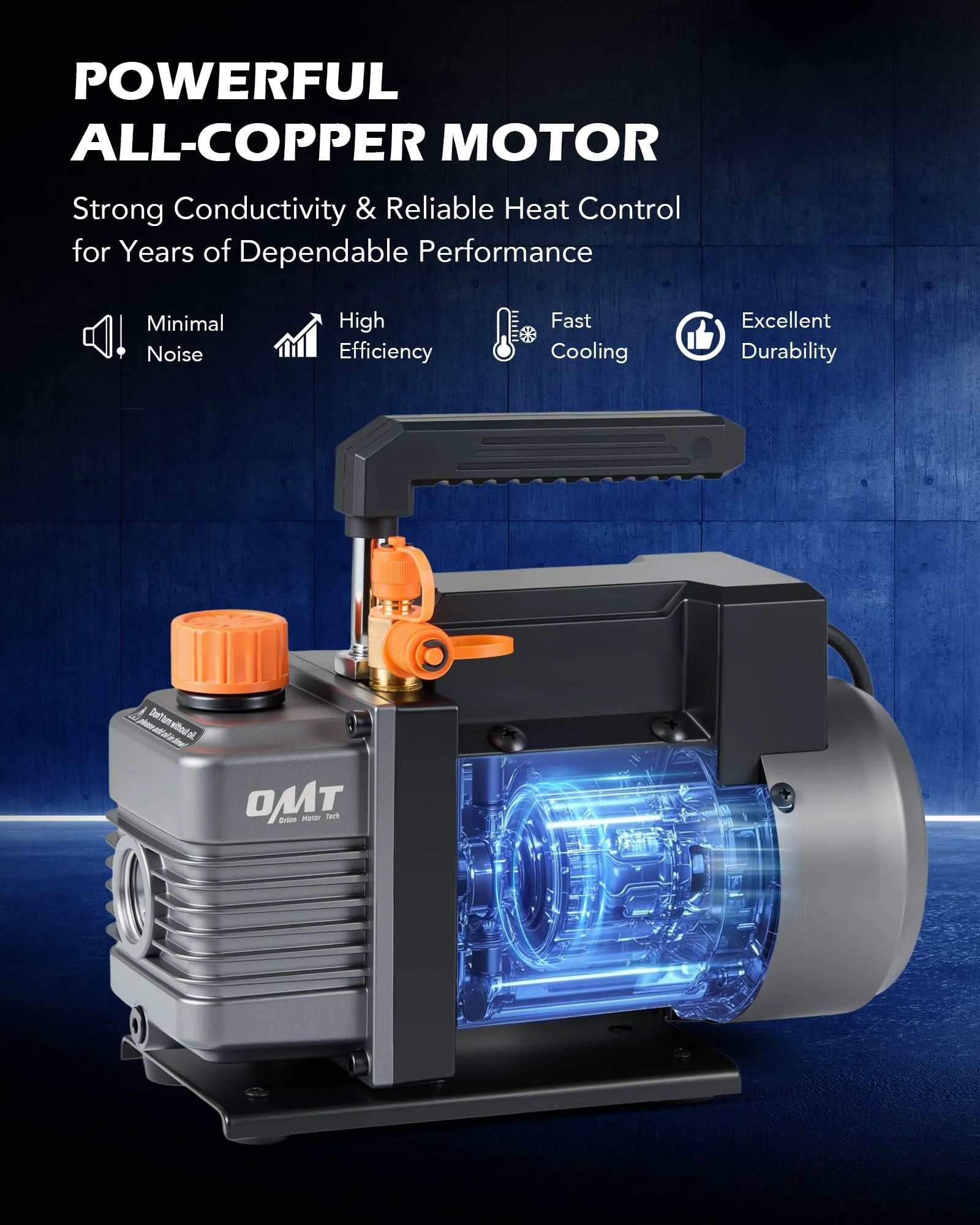 Garage-Ready Auto AC Vacuum Pump Kit With Gauge And Leak Detector, 1/3 HP, 4 CFM, all-copper motor, side view