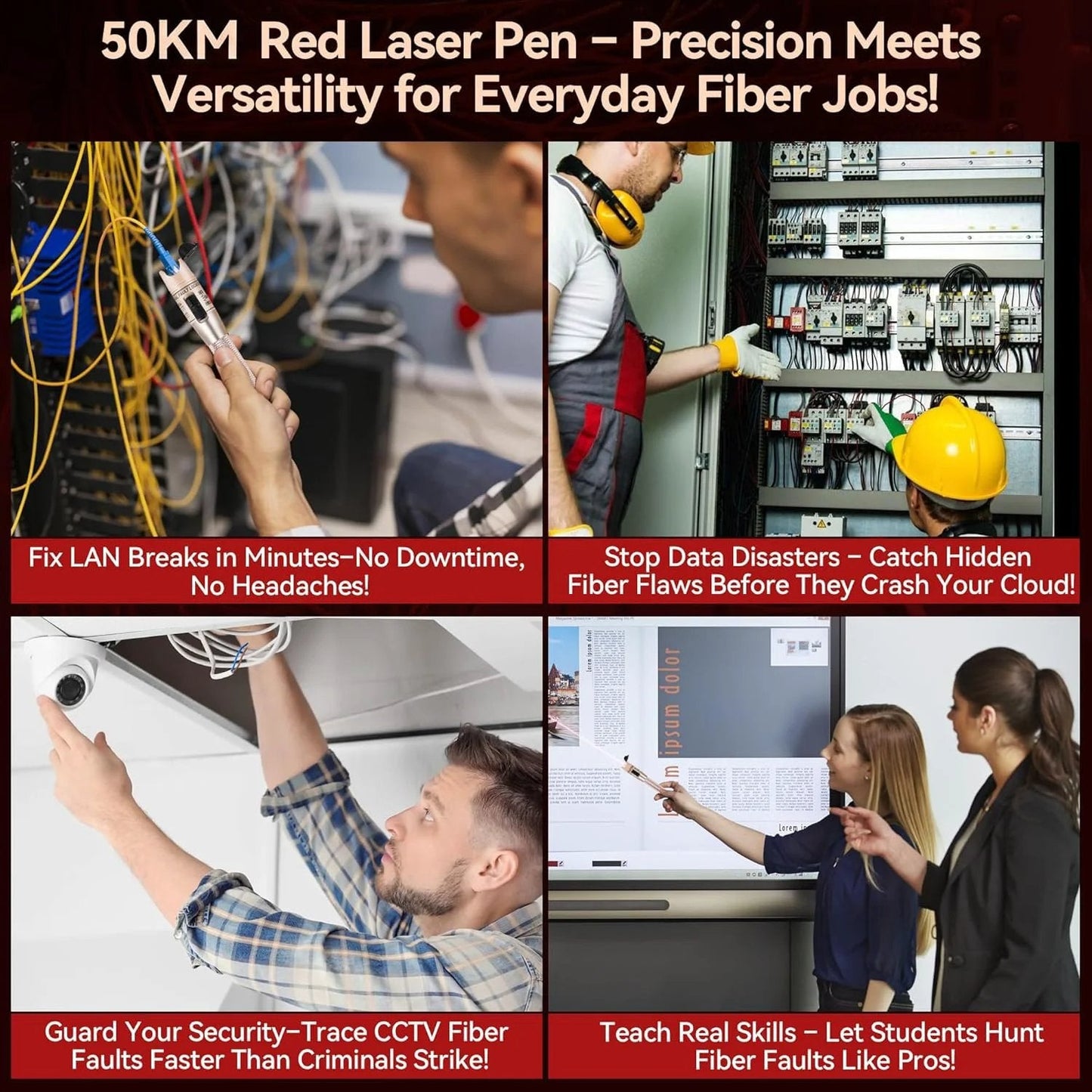 Collage of technicians using Fiber Optic Visual Fault Locator Kit Up To 50 Kilometer Range Red Light Pen for quick fault detection.