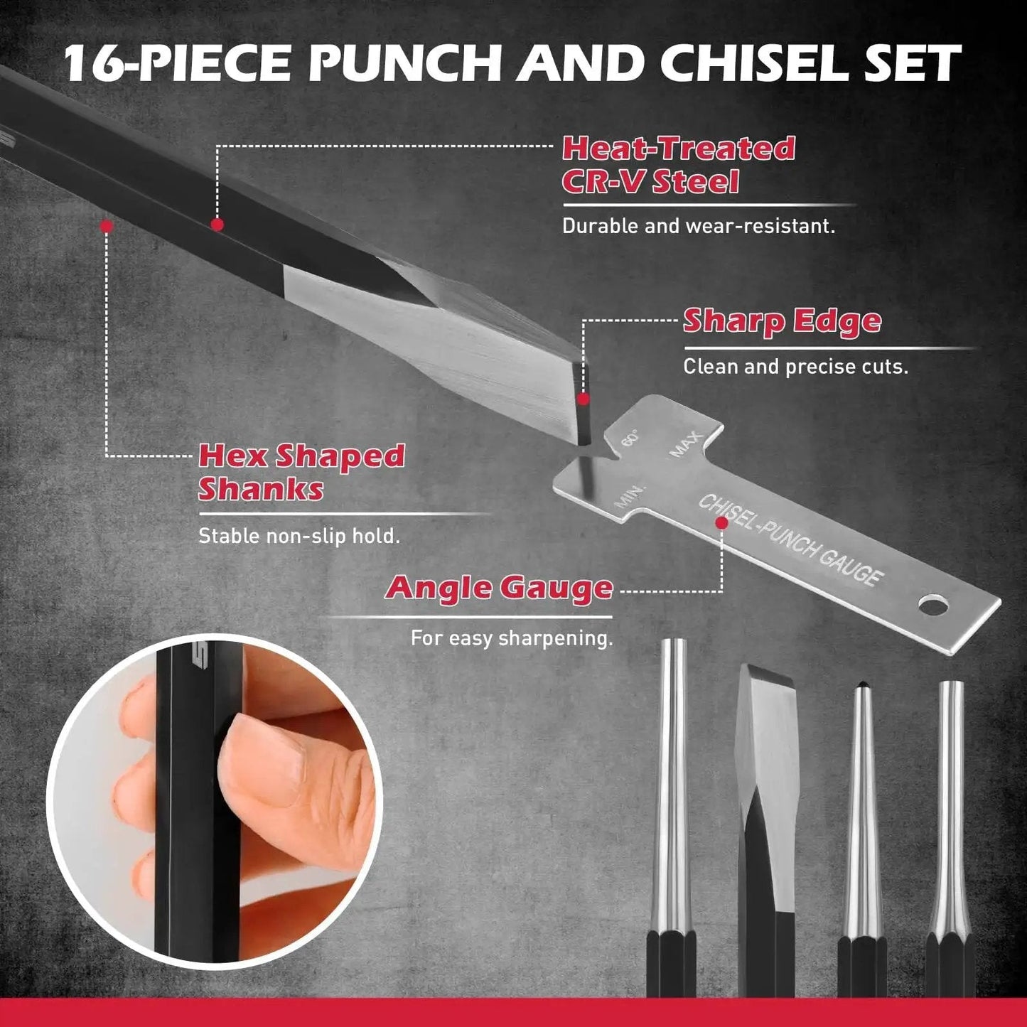 16-piece punch and chisel set showing sharp edges, heat-treated CR-V steel, hex shanks, and angle gauge for precise work