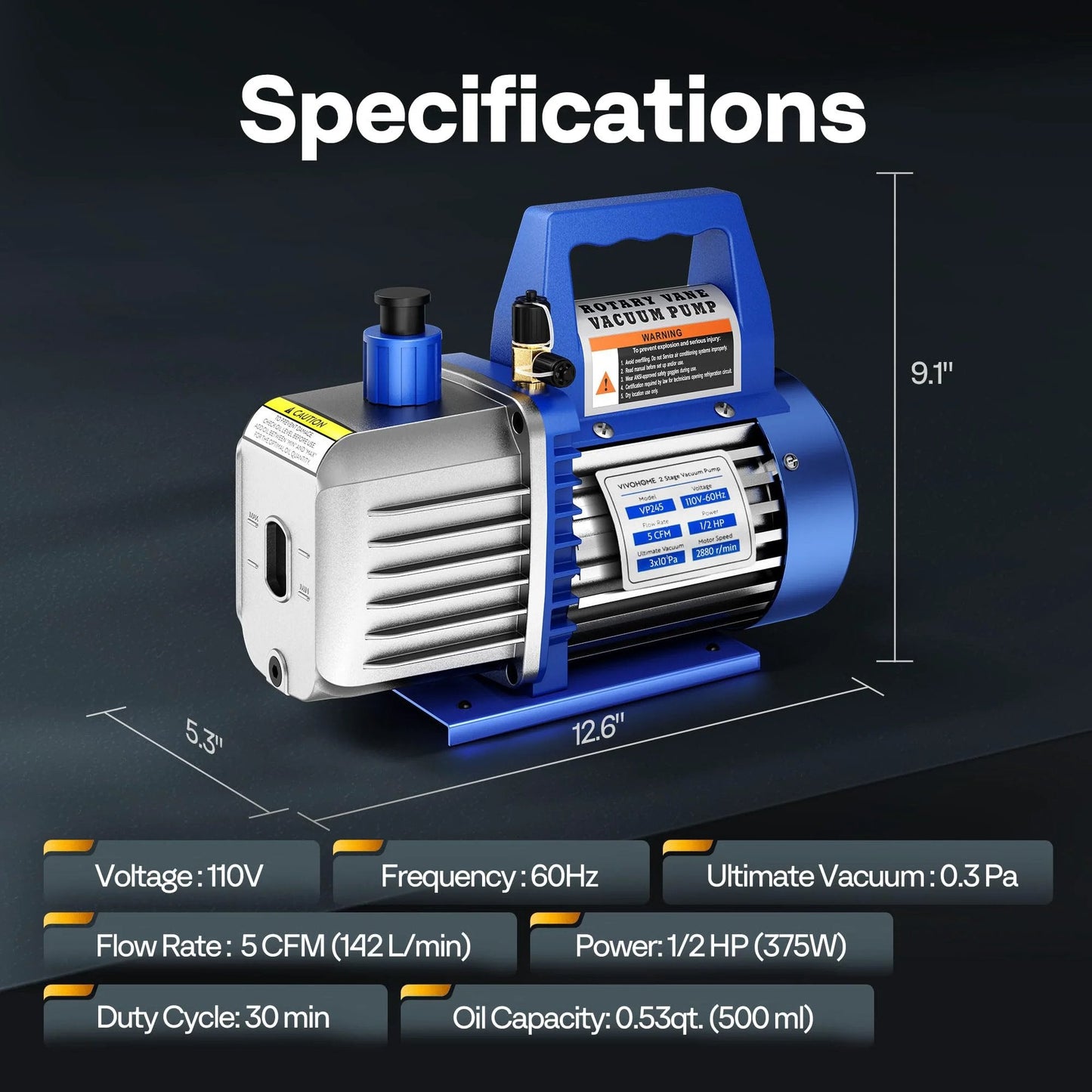 Image of a Dual Stage Rotary Vane Vacuum Pump For HVAC Systems, 5 CFM, 110V, One Half HP, showcasing specifications.