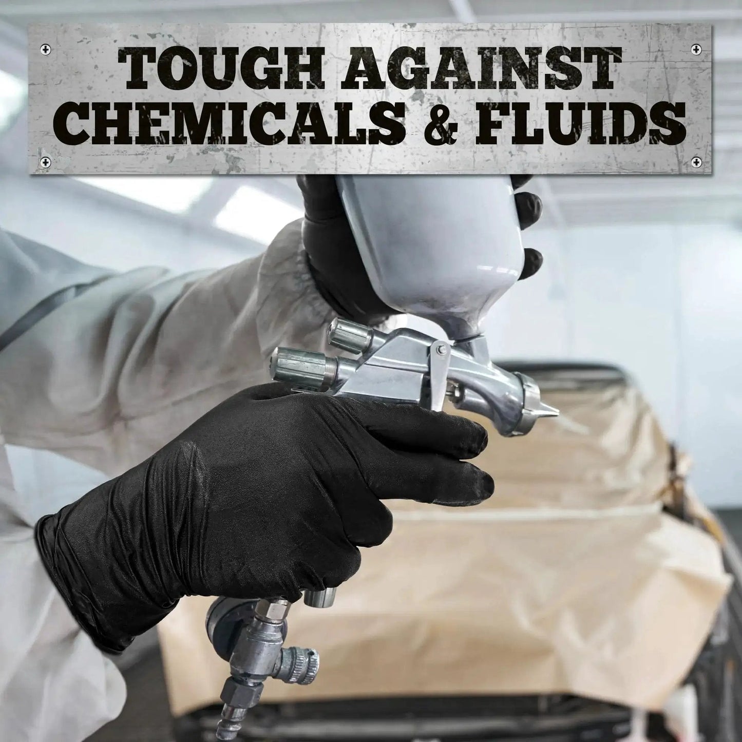 Close-up of 6 Mil Nitrile Gloves Textured Medium 100 Count Powder Free For Food Prep used in automotive spray painting