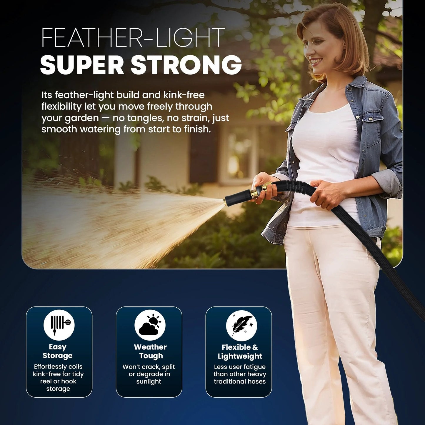Person using Ultra Lightweight Flexible Garden Hose 50 Ft for easy maneuvering with brass fittings and jet nozzle outdoors