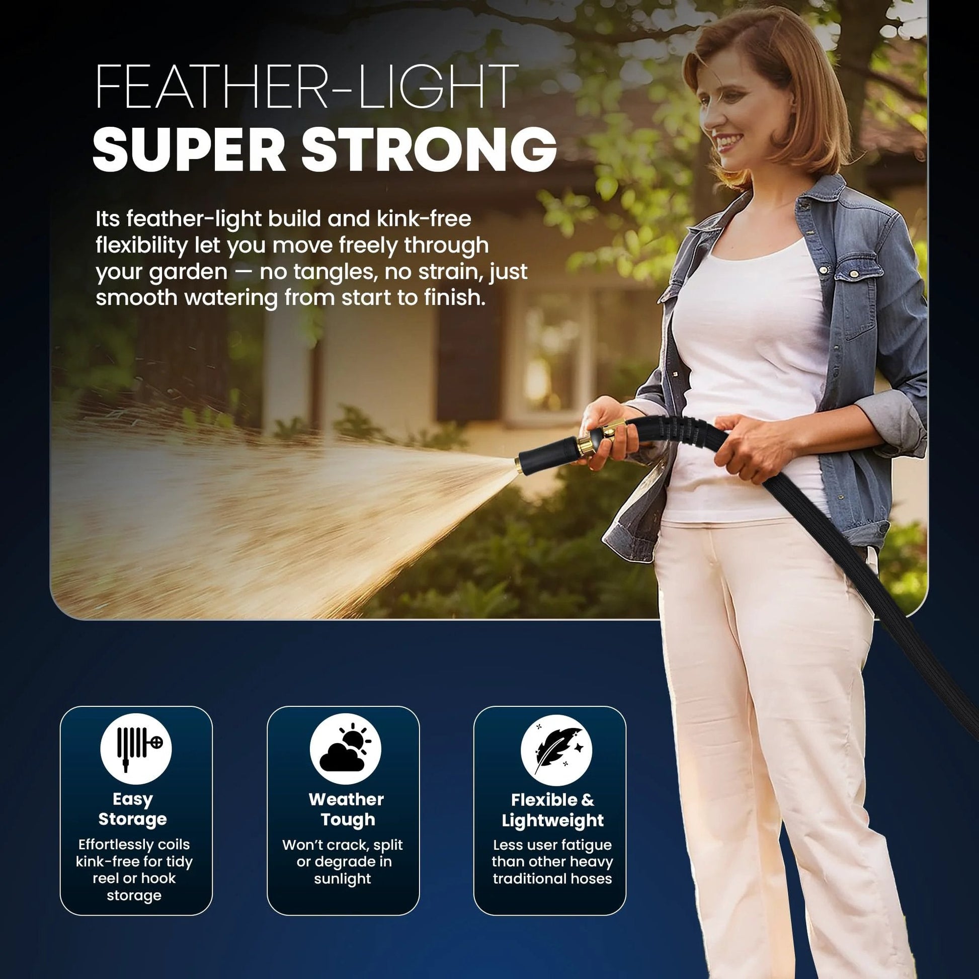 Person using Ultra Lightweight Flexible Garden Hose 50 Ft for easy maneuvering with brass fittings and jet nozzle outdoors