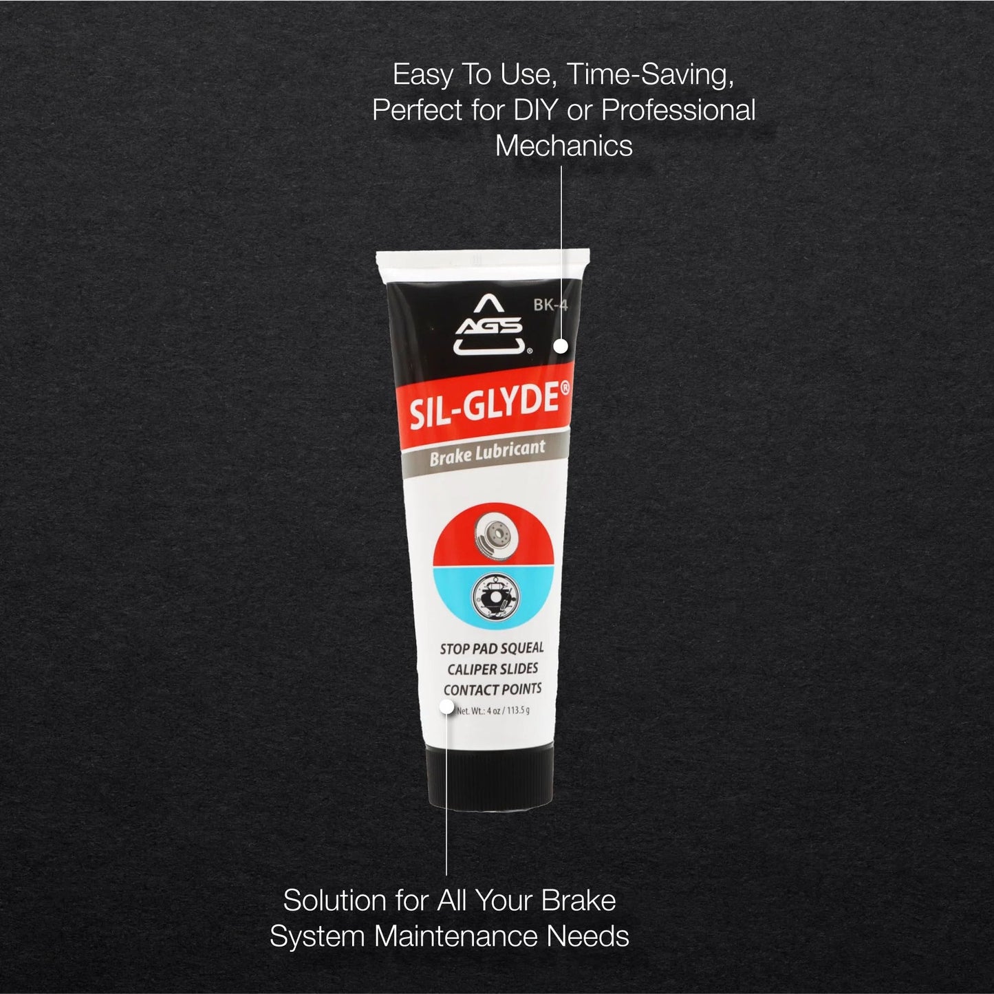Disc Brake Squeal Eliminator With Silicone Based Brake Lubricant For Full Assembly Keeps Noise Down While Shielding Components From Moisture Heat And Rust AGS Sil Glyde 4 Oz Tube in black packaging with product details