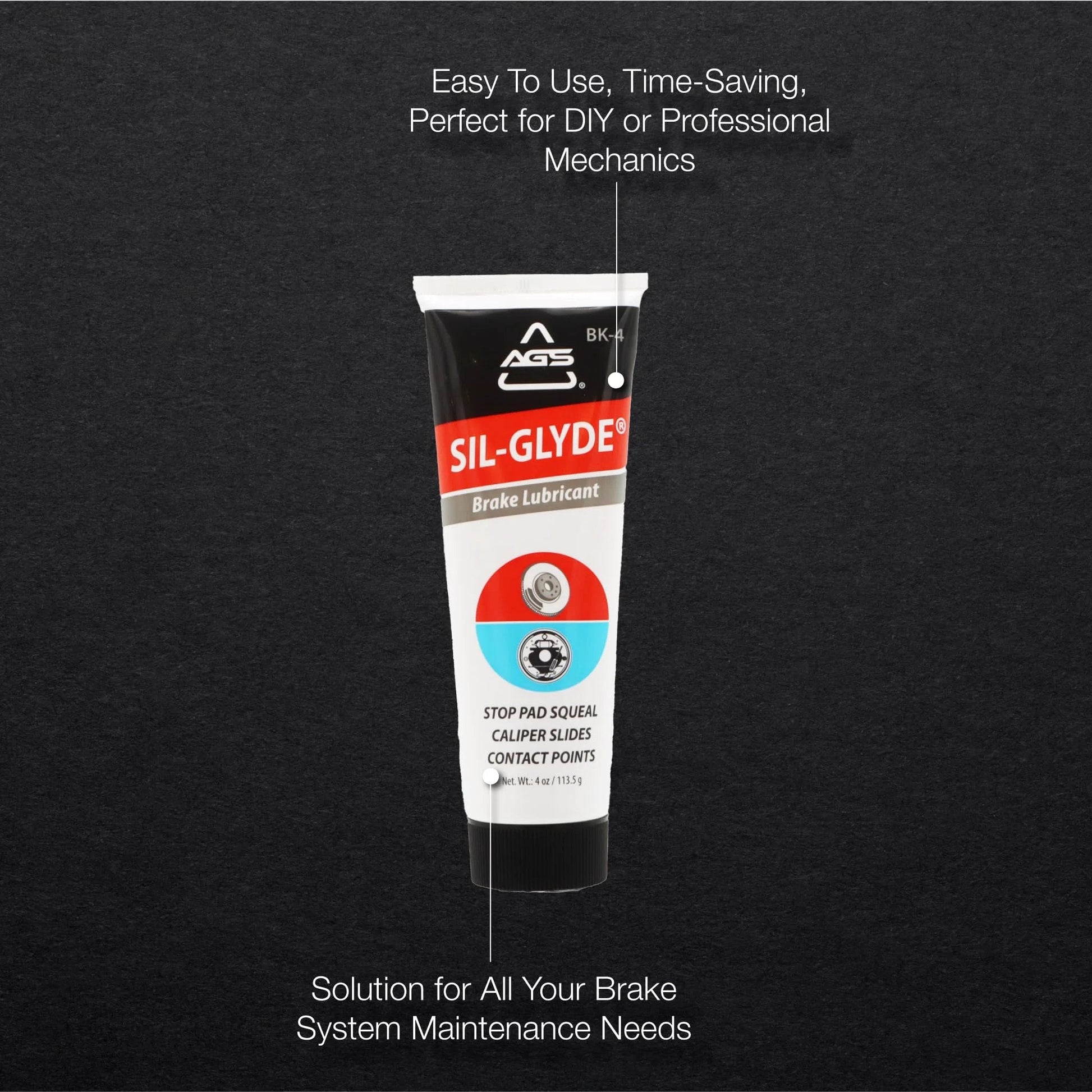 Disc Brake Squeal Eliminator With Silicone Based Brake Lubricant For Full Assembly Keeps Noise Down While Shielding Components From Moisture Heat And Rust AGS Sil Glyde 4 Oz Tube in black packaging with product details
