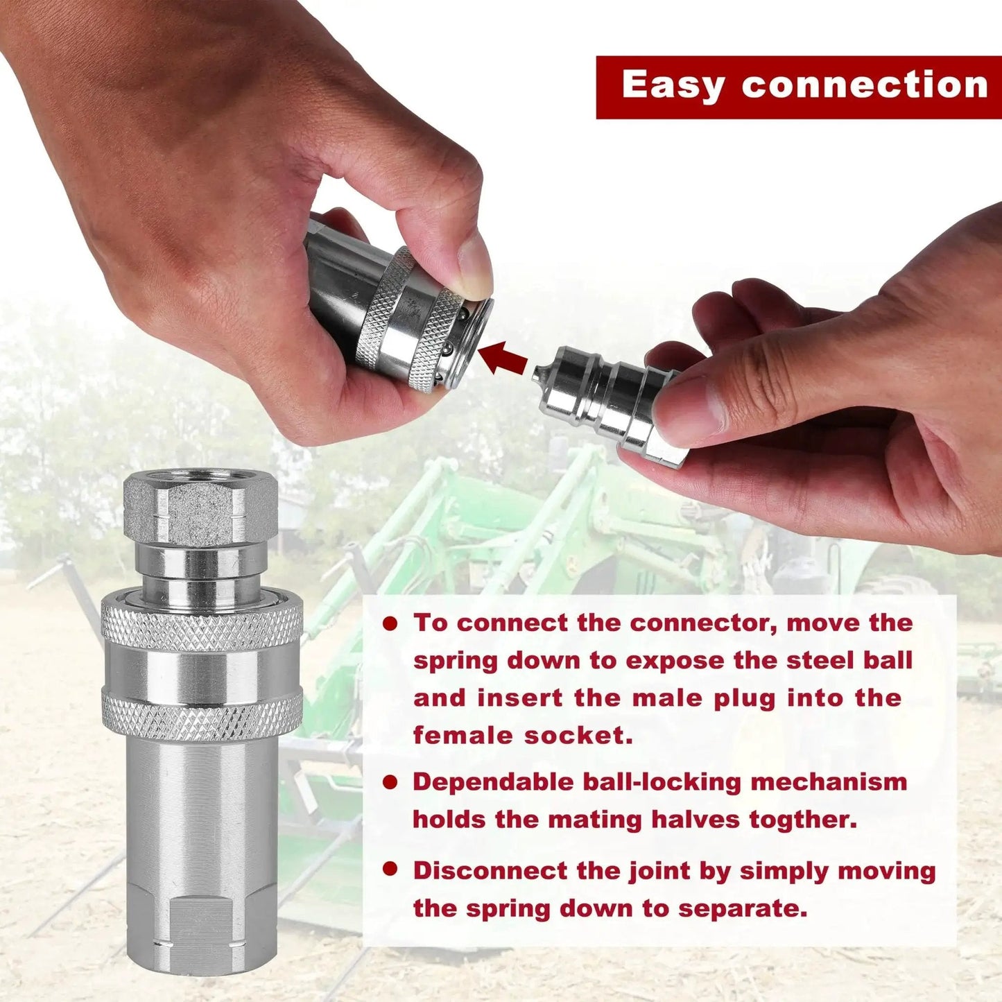 Hands connecting a Half Inch Hydraulic Quick Connect Tractor Coupler ISO 7241 A Ball Valve with instructions, on farm equipment background