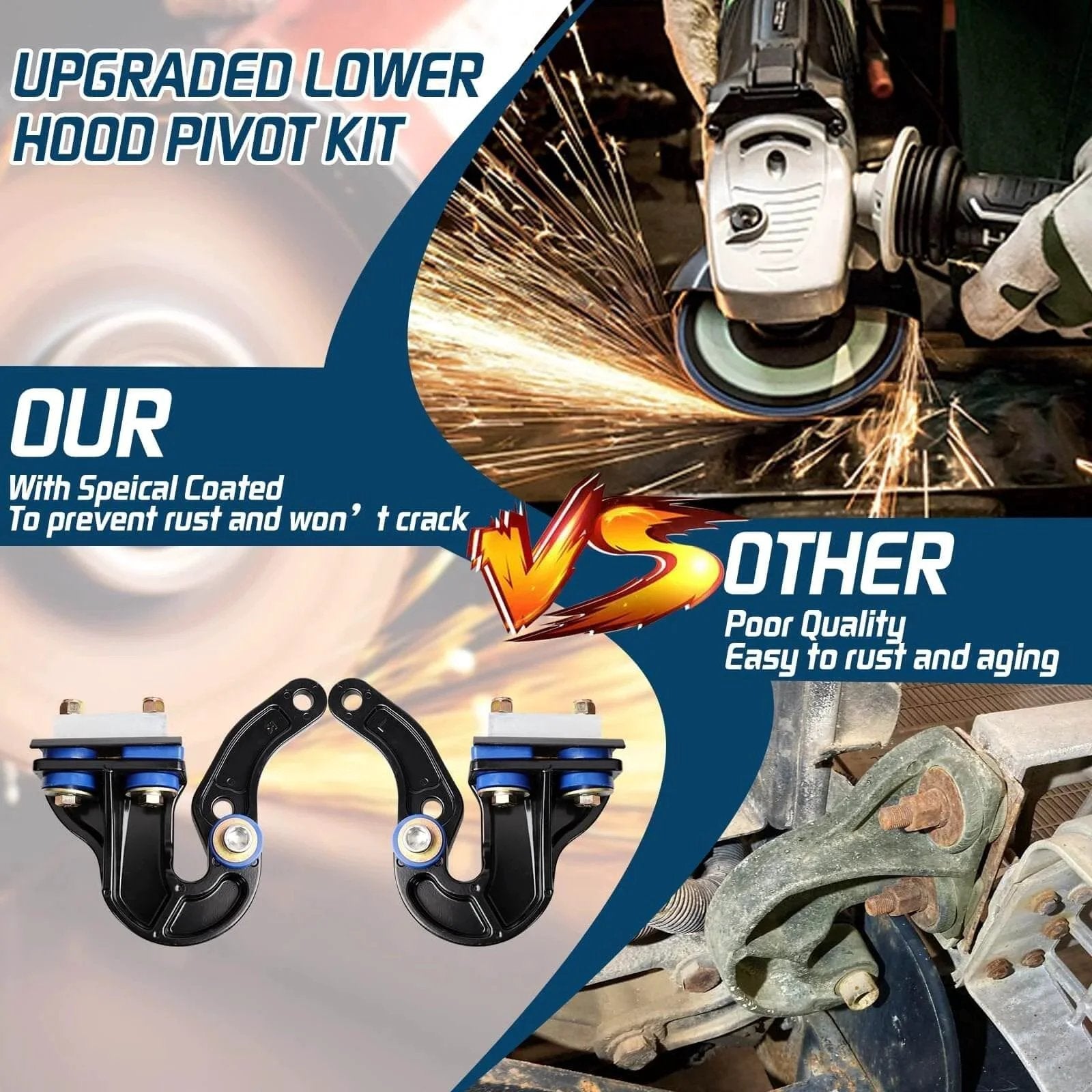 Comparison of upgraded Lower Hood Pivot Kit with hood hinge pivot bolts and bushing bracket for Peterbilt 377 378 379 LH RH.