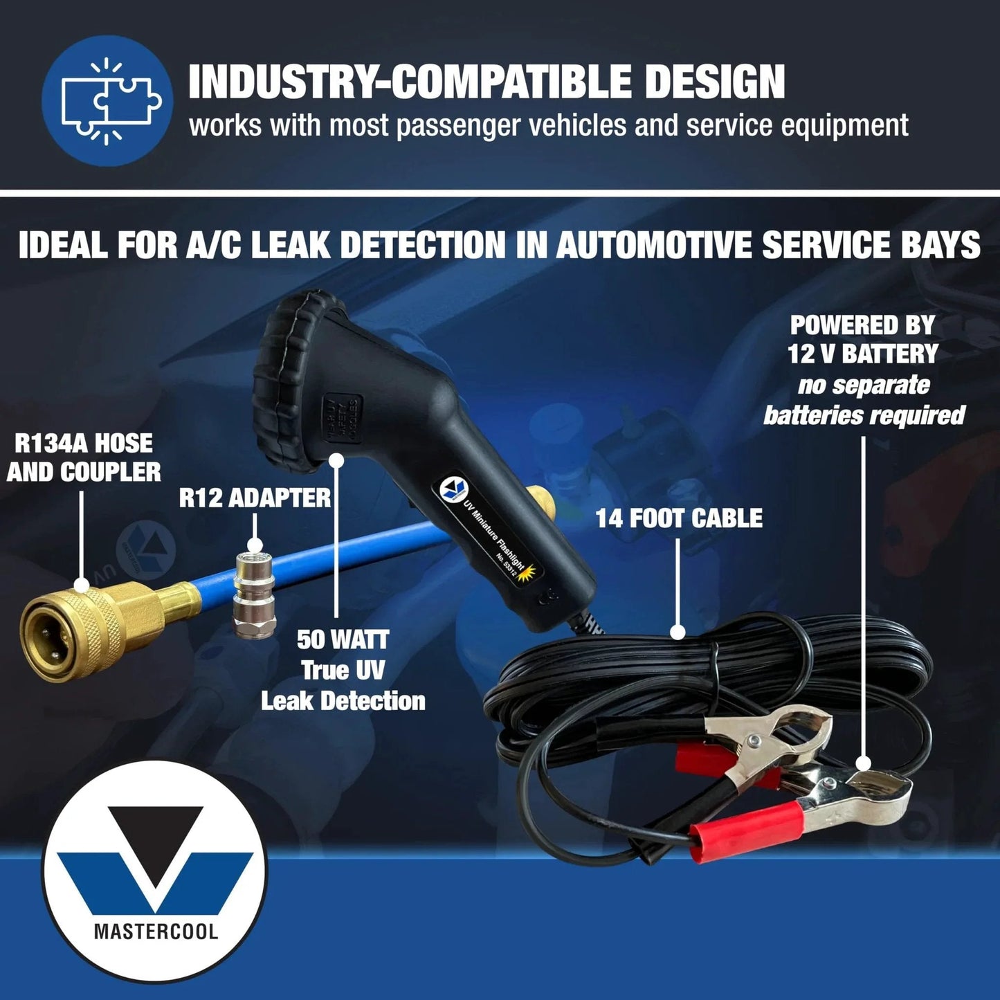 All In One UV Leak Detection Kit For Cars And AC Systems With 12V 50W High Intensity UV Light, adapters, and cables.
