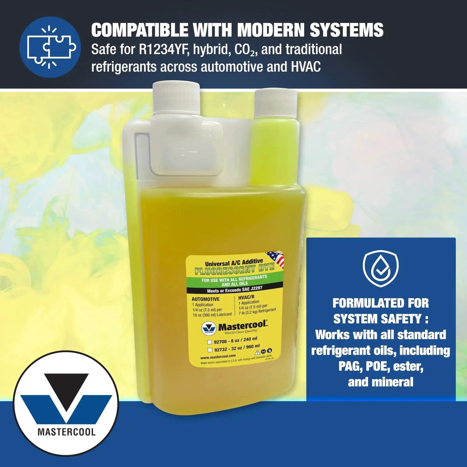 Universal UV Dye for R-1234yf Hybrid and CO2 AC Systems 32 Oz Bottle with compatibility details visible on label