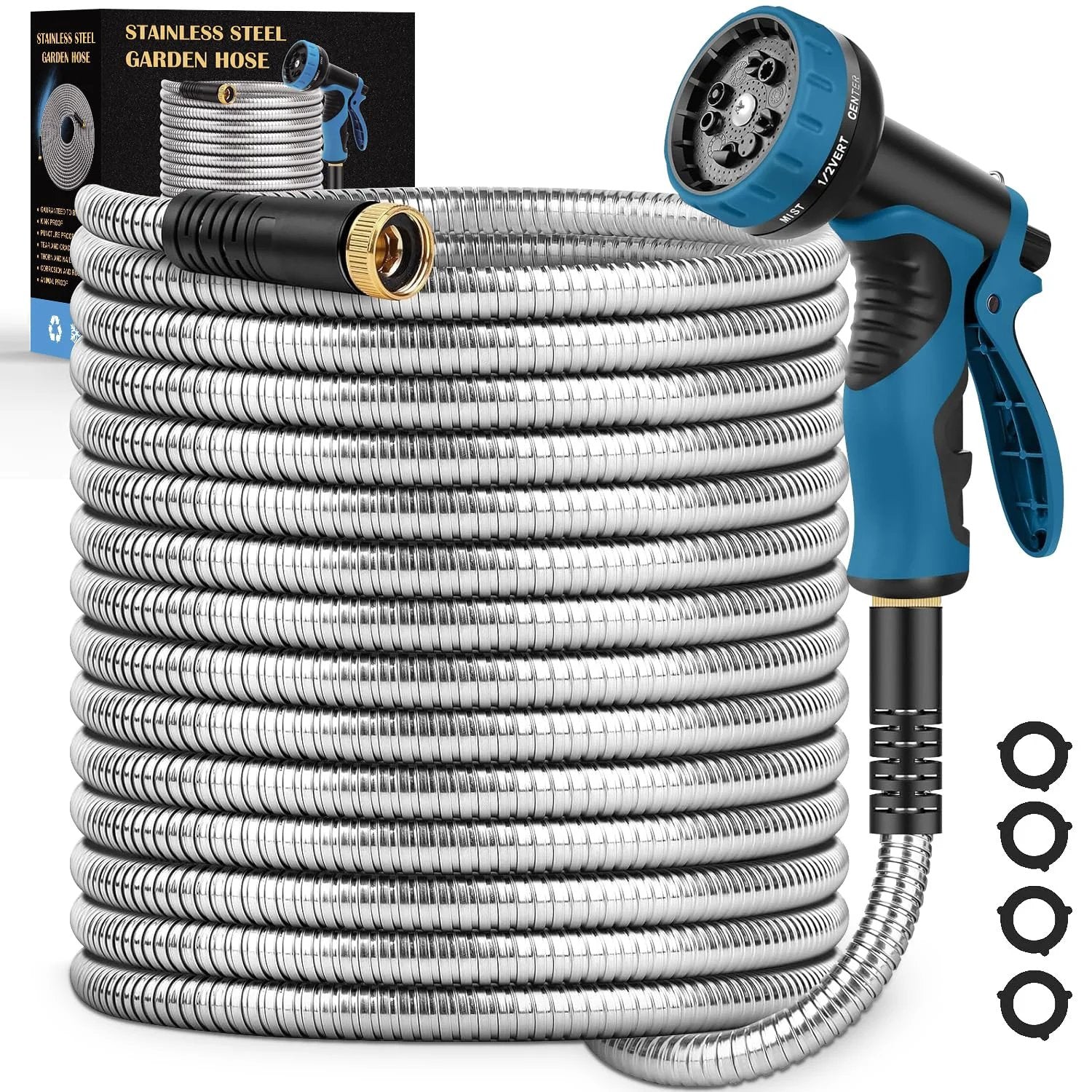 Ultra Flex Stainless Steel Garden Hose 100 Ft With 10 Function Nozzle Rust Proof And Leak Proof Connectors Kink Free