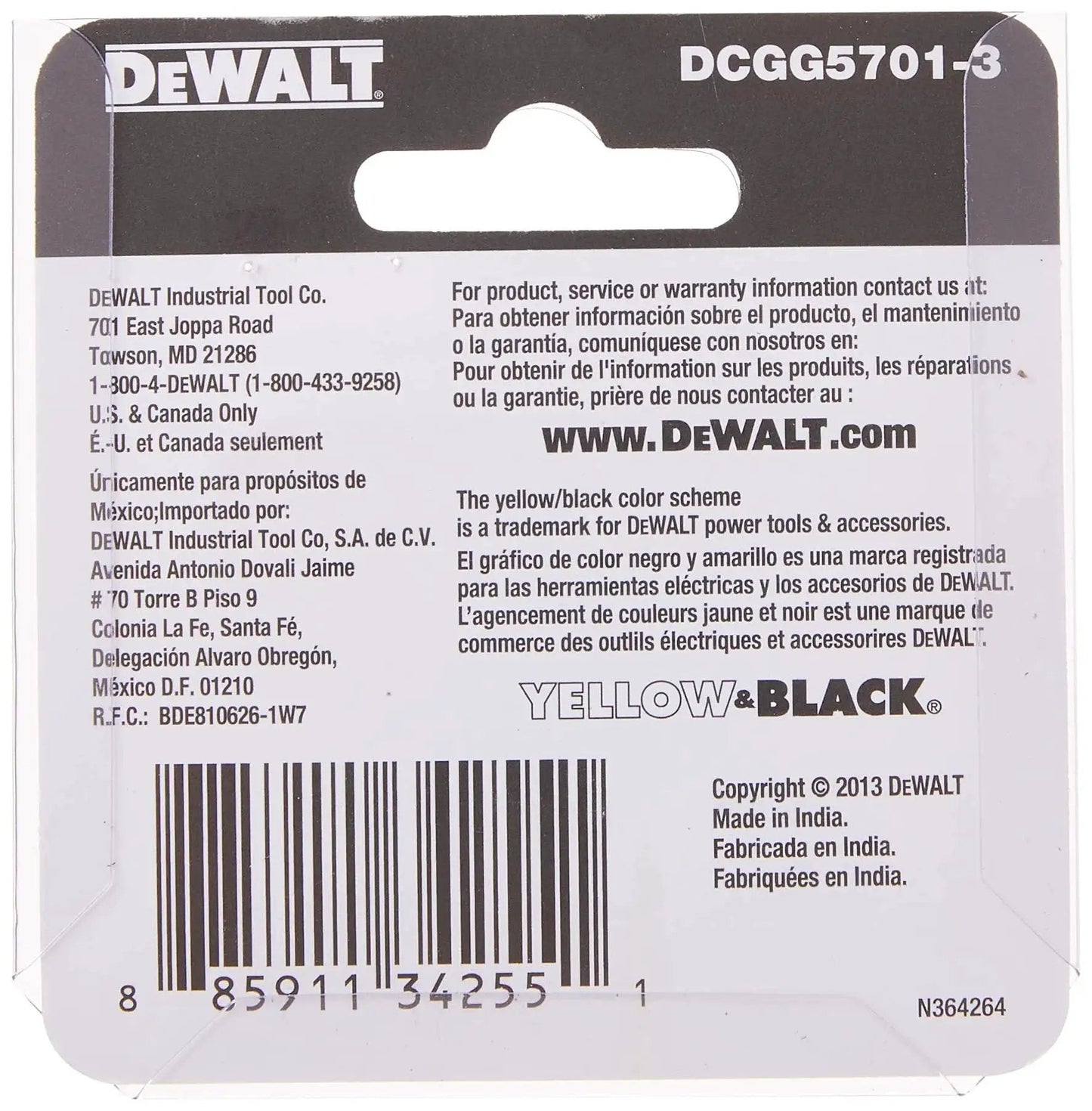 DeWalt product packaging back for Heavy Duty One Eighth Inch NPT Grease Gun Coupler, includes contact info and trademark details.
