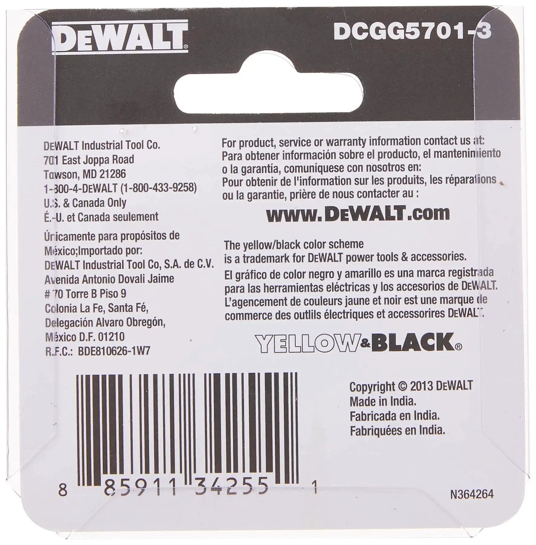 DeWalt product packaging back for Heavy Duty One Eighth Inch NPT Grease Gun Coupler, includes contact info and trademark details.