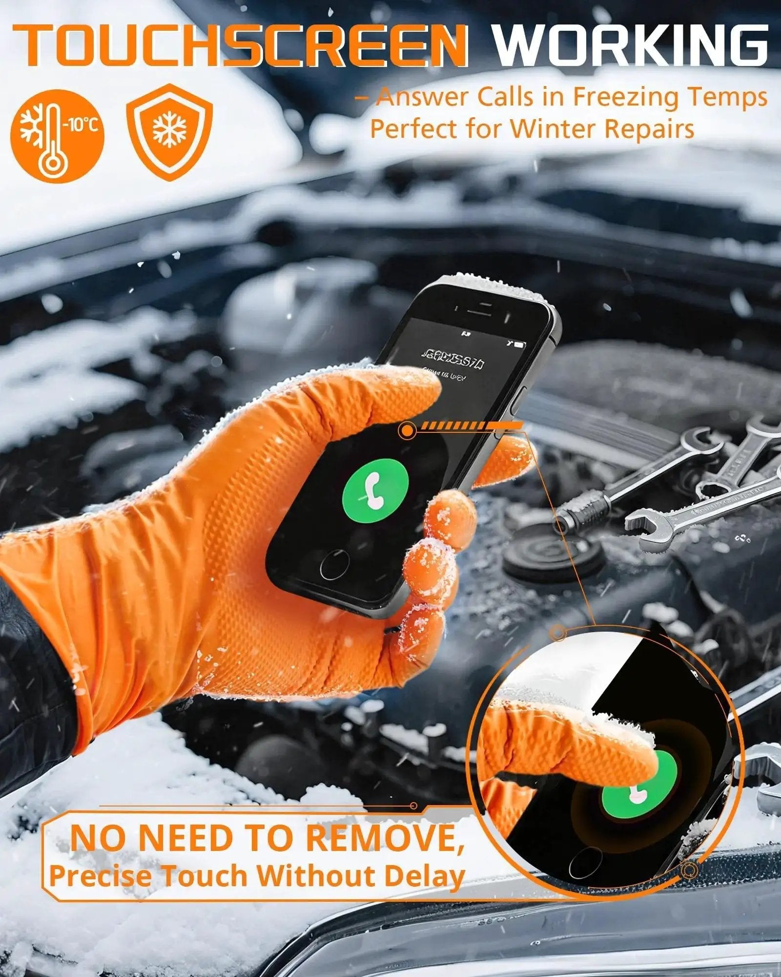 Person wearing 9 Mil Heavy Duty Orange Nitrile Gloves With Raised Diamond Grip Latex Free using touchscreen in snow