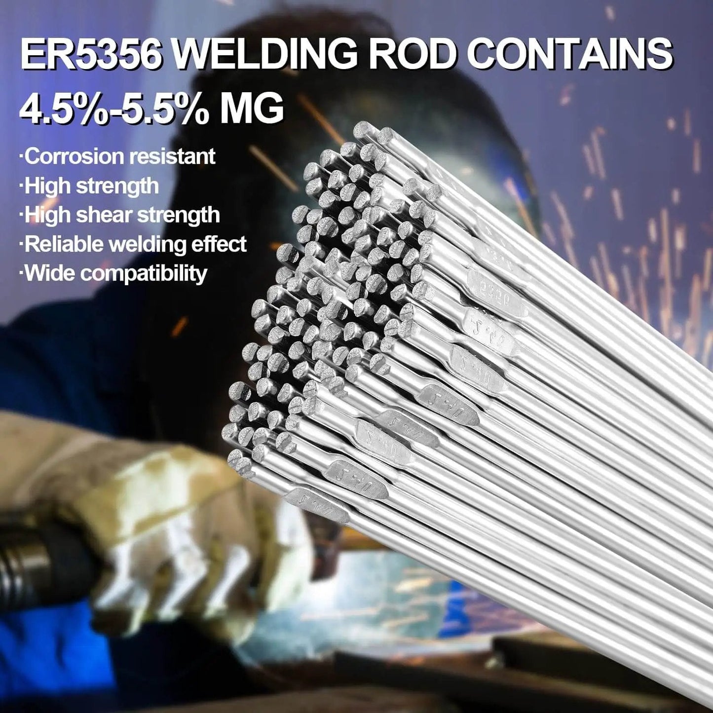 ER5356 Aluminum TIG Welding Rods 3/32 Inch By 39 Inch 2 Lb Pack low splatter filler wire close-up with welding scene