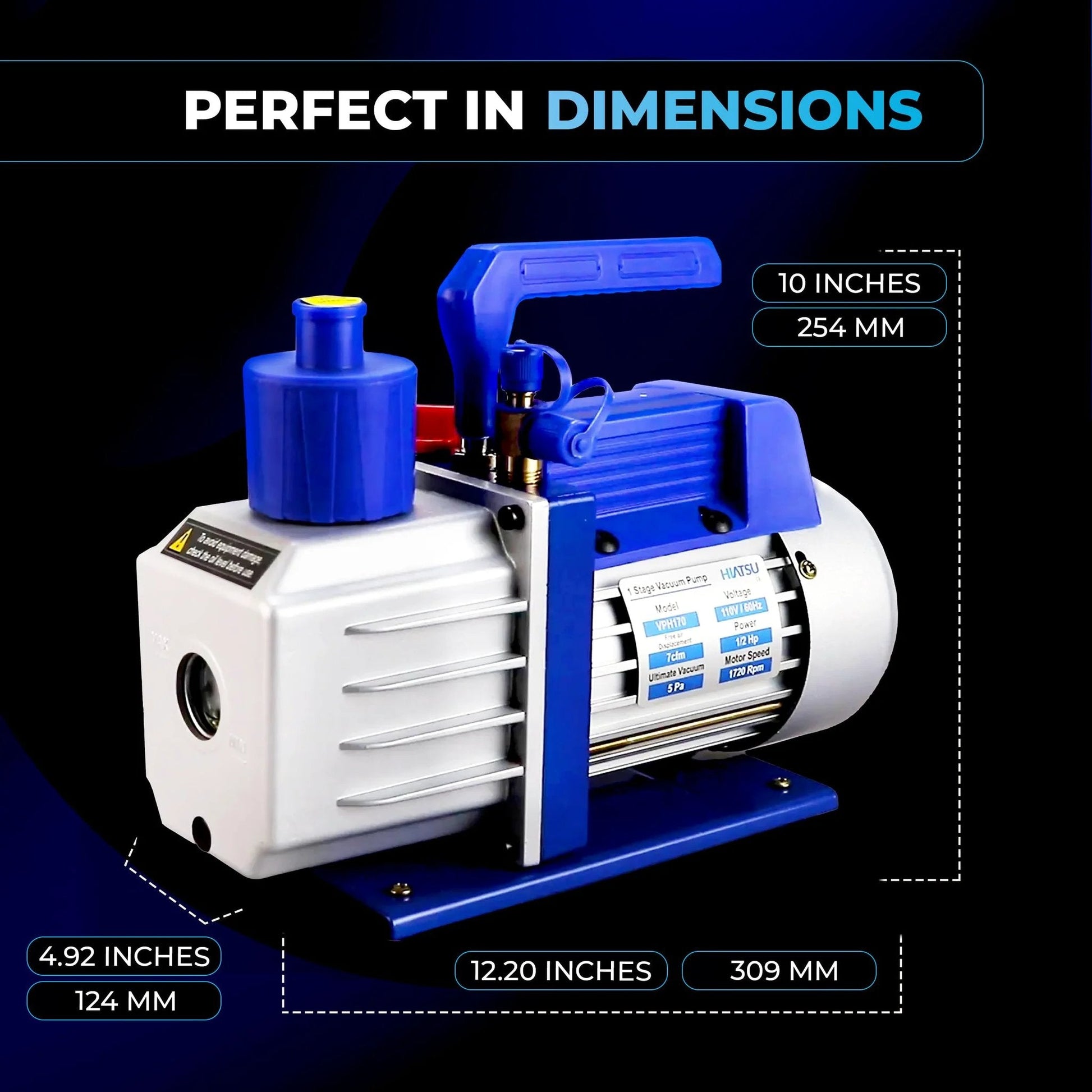 Front view of 7 CFM Vacuum Pump For AC System HVAC One Half HP Automotive Vacuum Pump 110 Volt 60 Hertz Dual Inlet Ports One Quarter Inch And One Half Inch For Home And Automotive AC Mini Split Service, showing dimensions in inches and millimeters.