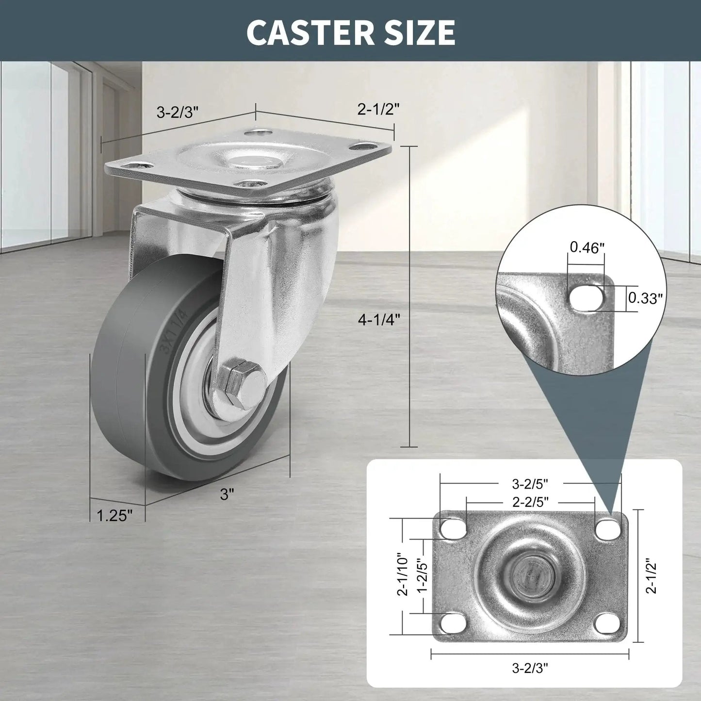 Heavy Duty 3 Inch Caster Wheels Set Of 4 With Brakes Swivel And Rigid Non Marking Rubber Quiet Casters For Cart Furniture Workbench Industrial Plate 1200 Lbs Capacity Heavy Duty Industrial Grade By ZDNEY with size dimensions